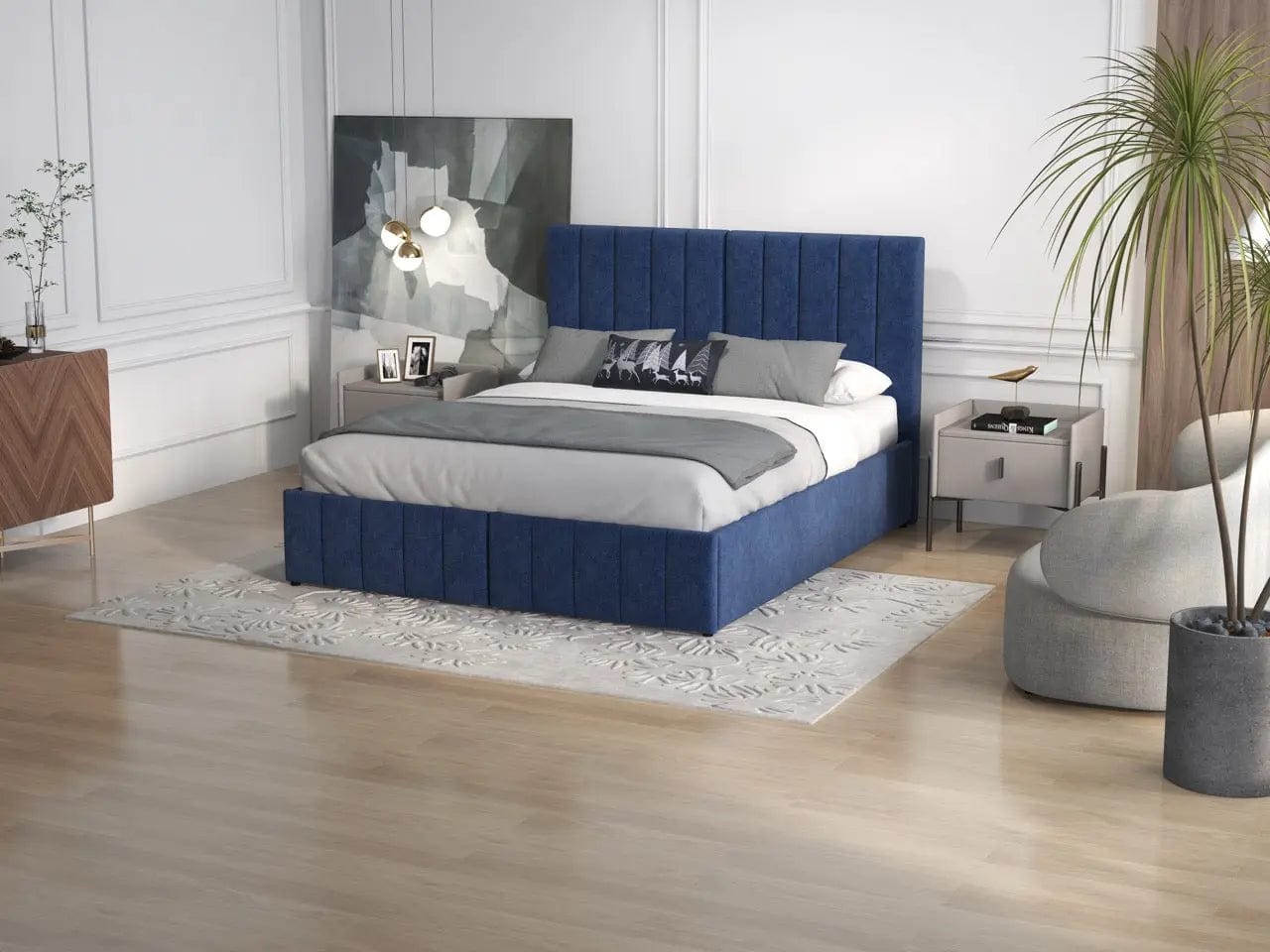 Pat dormitor dumonde, tapitat albastru, Santiago 160x200 cm, somiera rabatabila inclusa, spatiu depozitare