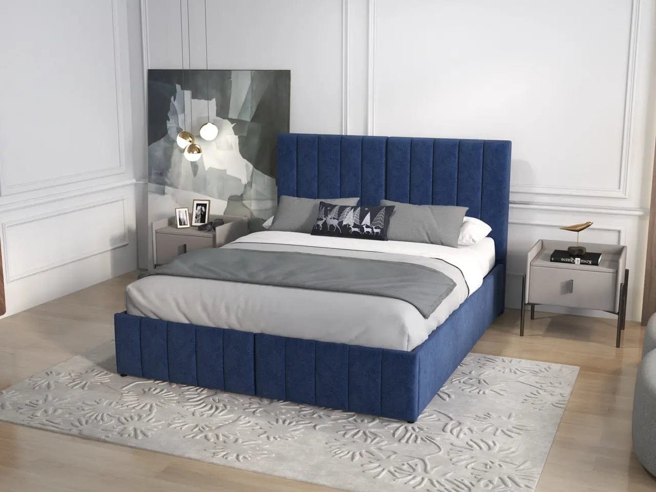 Pat dormitor dumonde, tapitat albastru, Santiago 160x200 cm, somiera rabatabila inclusa, spatiu depozitare