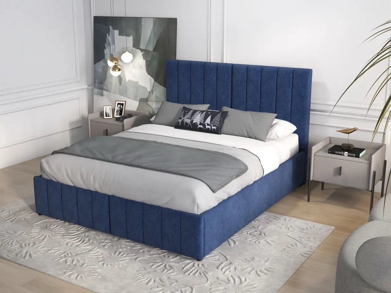 Pat dormitor dumonde, tapitat albastru, Santiago 160x200 cm, somiera rabatabila inclusa, spatiu depozitare