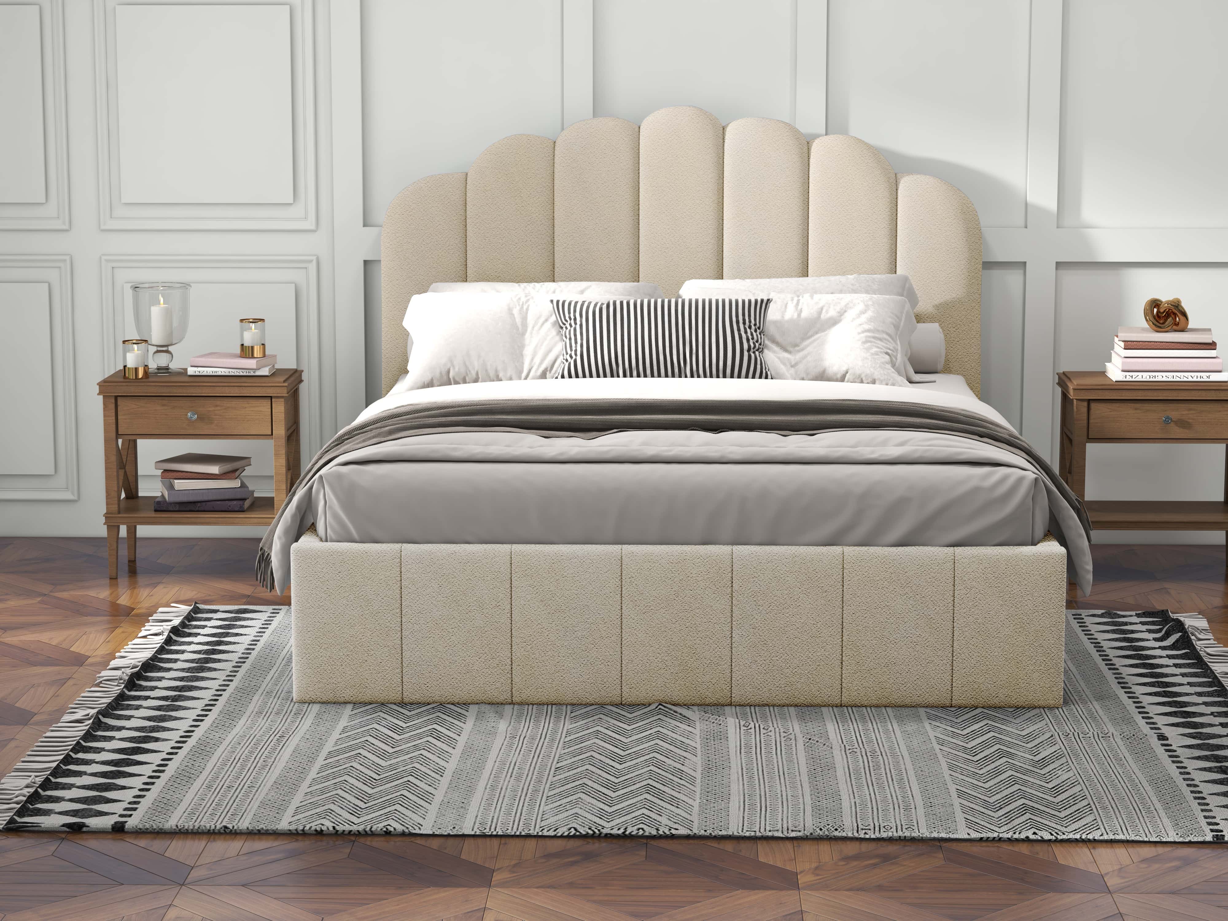 Pat dormitor dumonde, tapitat bej, Amira 140x200 cm, somiera rabatabila inclusa, spatiu depozitare WLS