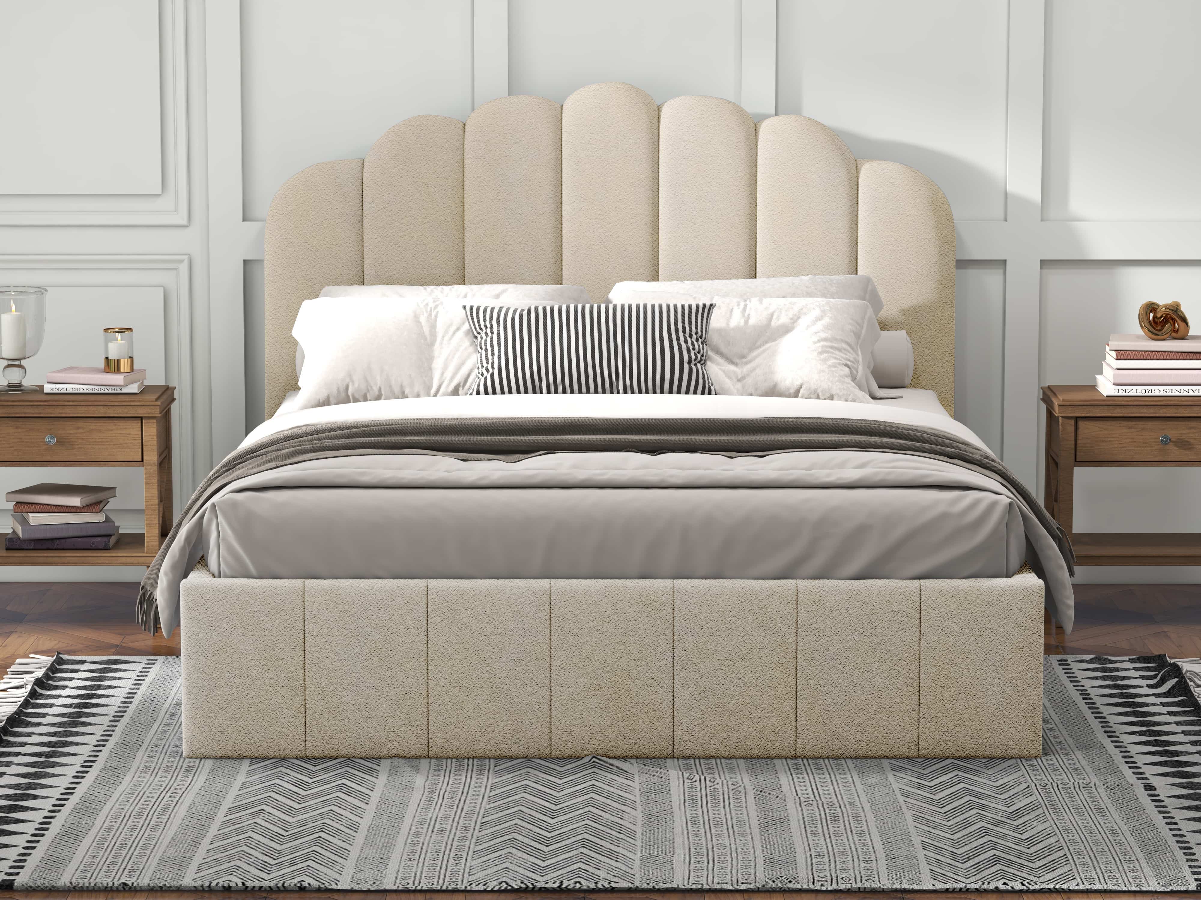 Pat dormitor dumonde, tapitat bej, Amira 140x200 cm, somiera rabatabila inclusa, spatiu depozitare WLS