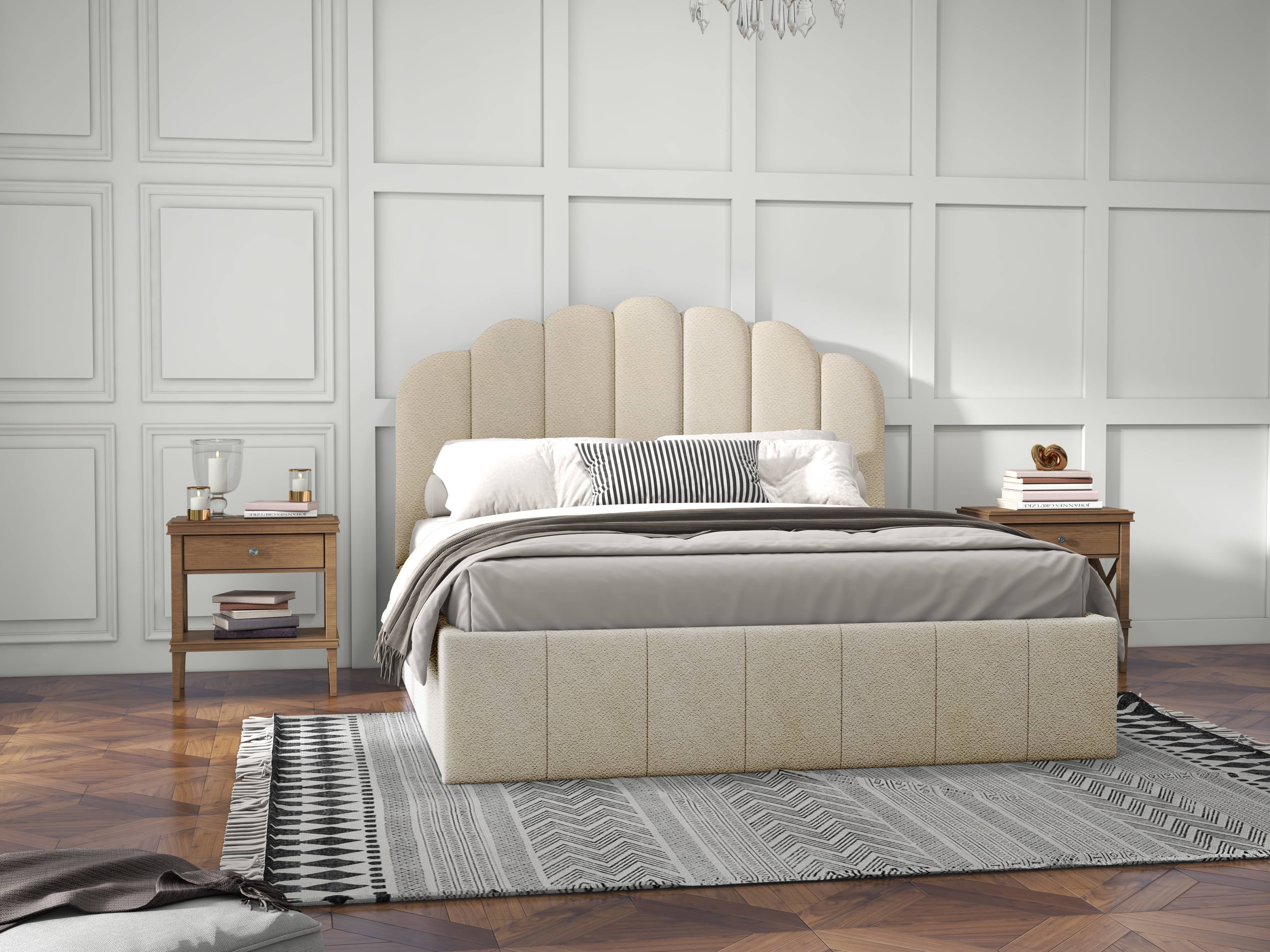 Pat dormitor dumonde, tapitat bej, Amira 140x200 cm, somiera rabatabila inclusa, spatiu depozitare WLS