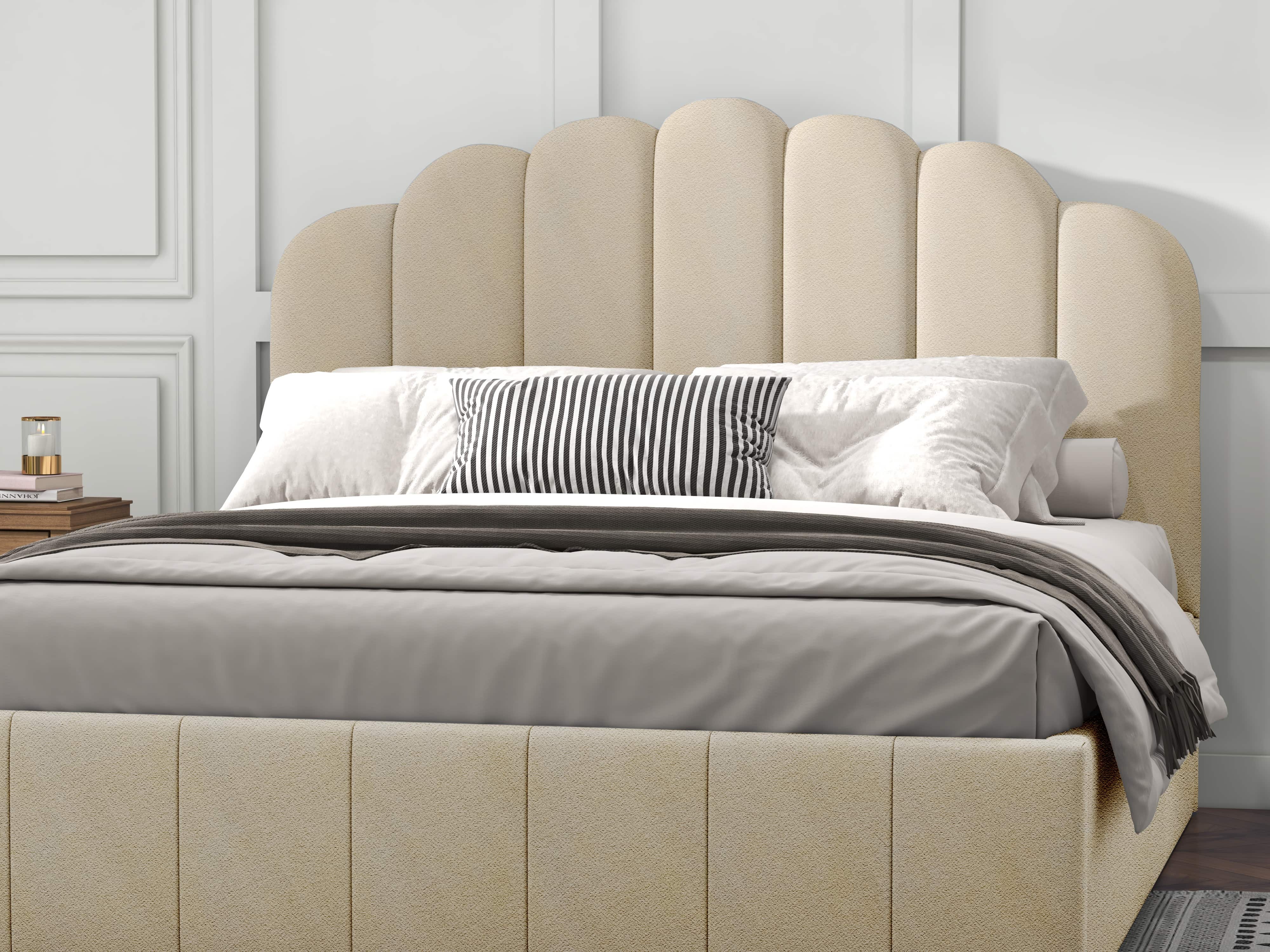 Pat dormitor dumonde, tapitat bej, Amira 140x200 cm, somiera rabatabila inclusa, spatiu depozitare WLS