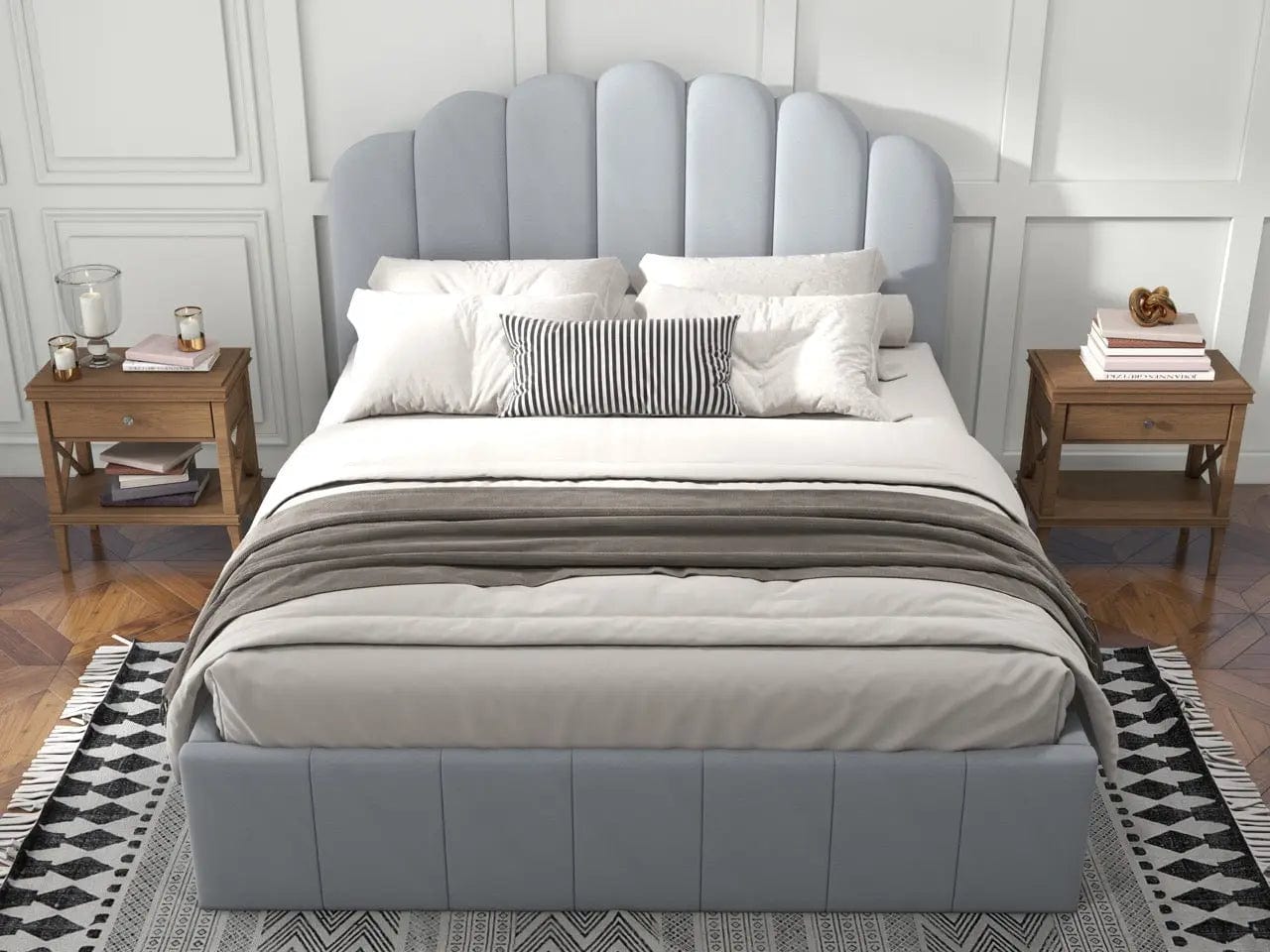 Pat dormitor dumonde, tapitat gri, Amira 180x200 cm, somiera rabatabila inclusa, spatiu depozitare