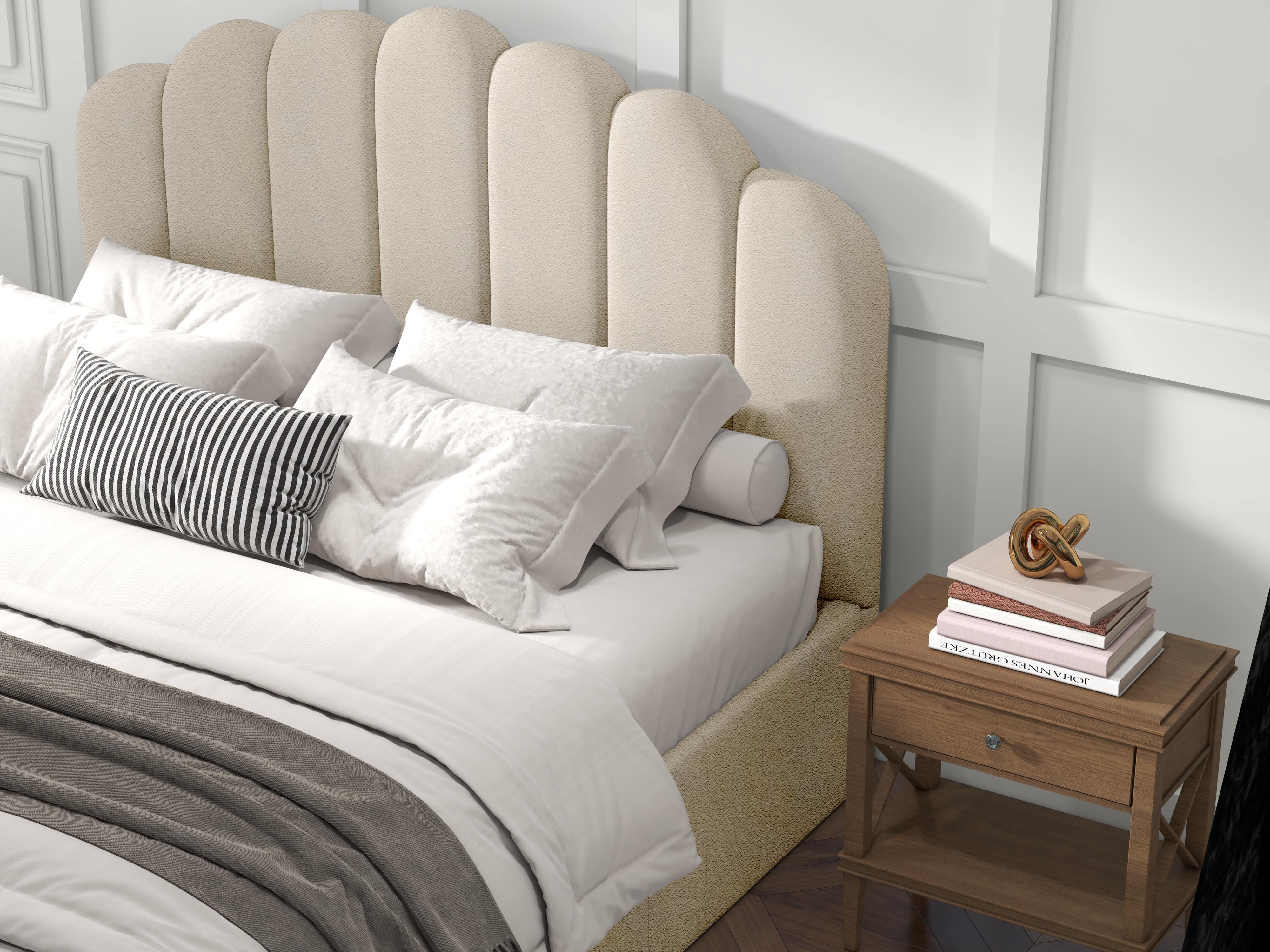 Pat dormitor dumonde, tapitat bej, Amira 140x200 cm, somiera rabatabila inclusa, spatiu depozitare WLS