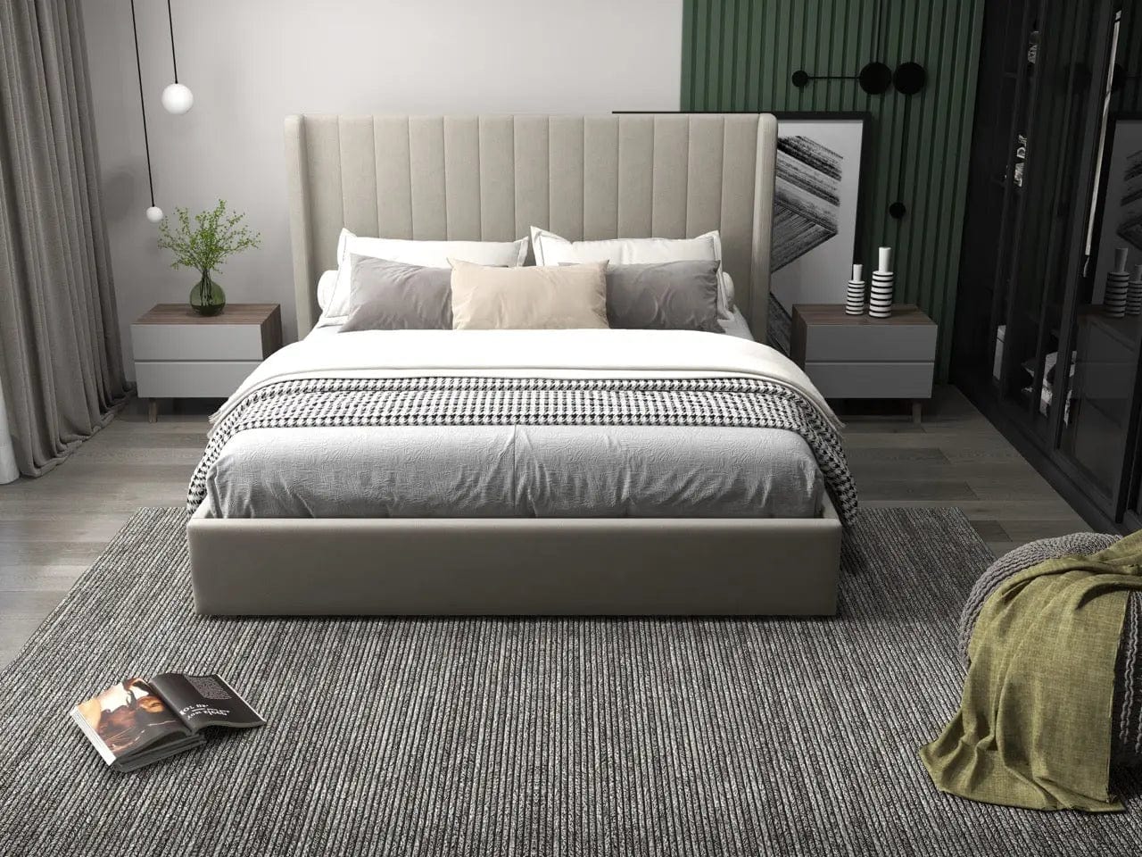 Pat dormitor dumonde, tapitat bej, Oslo 140x200 cm, somiera rabatabila inclusa, spatiu depozitare