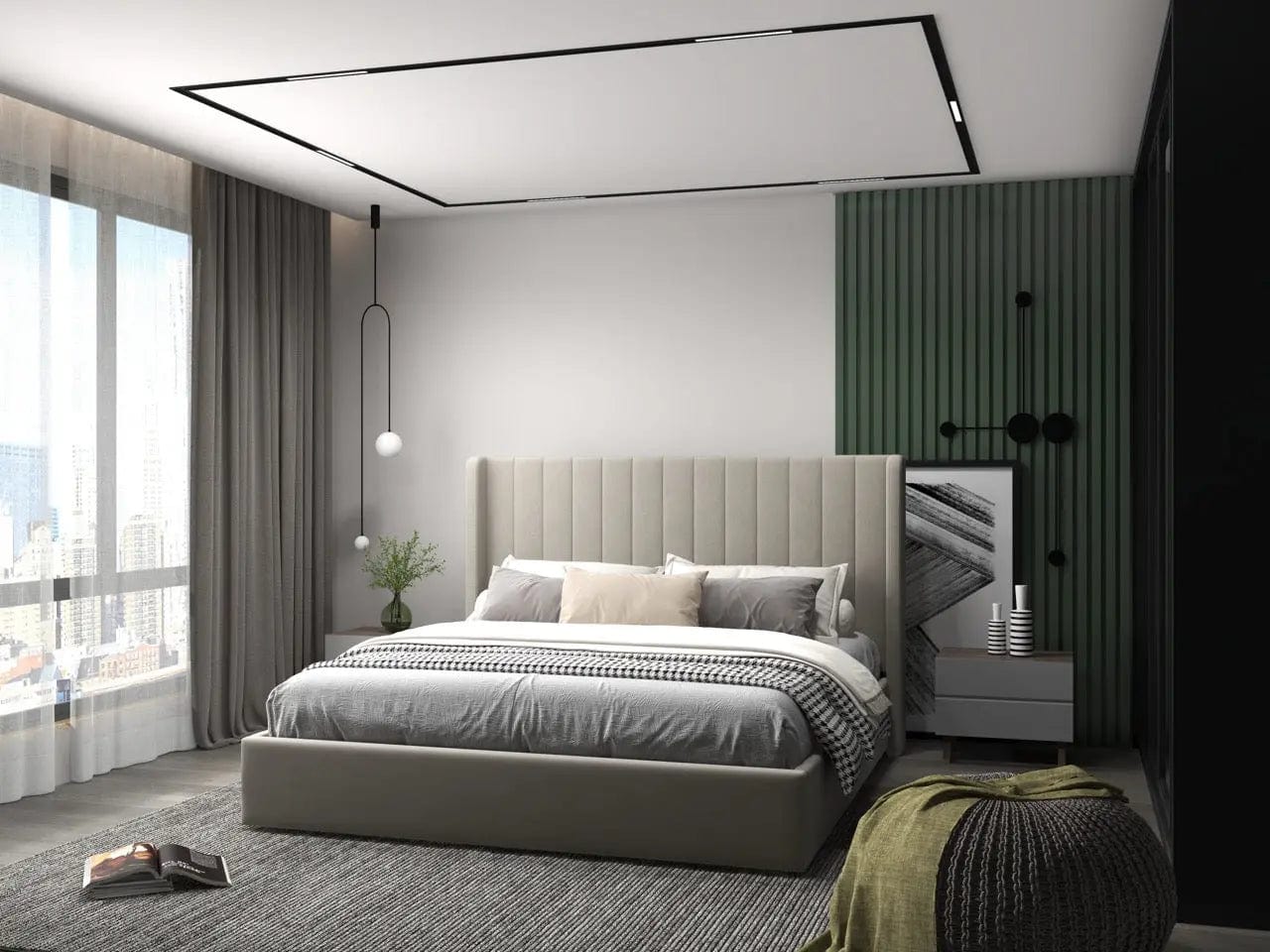 Pat dormitor dumonde, tapitat bej, Oslo 140x200 cm, somiera rabatabila inclusa, spatiu depozitare