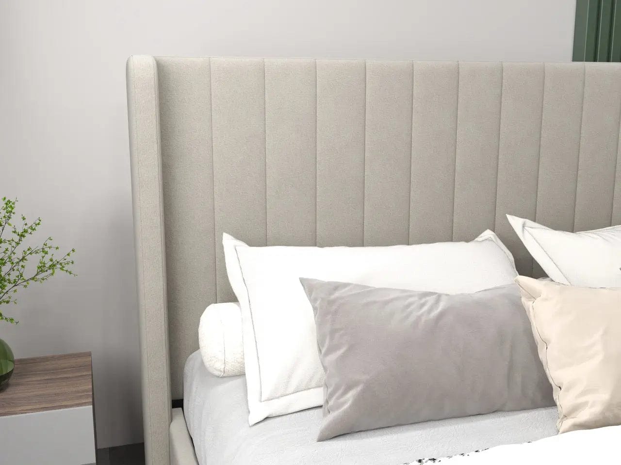 Pat dormitor dumonde, tapitat bej, Oslo 140x200 cm, somiera rabatabila inclusa, spatiu depozitare