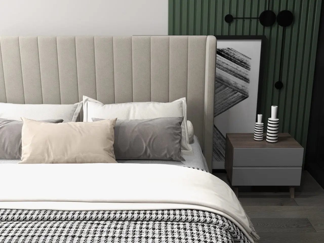 Pat dormitor dumonde, tapitat bej, Oslo 140x200 cm, somiera rabatabila inclusa, spatiu depozitare