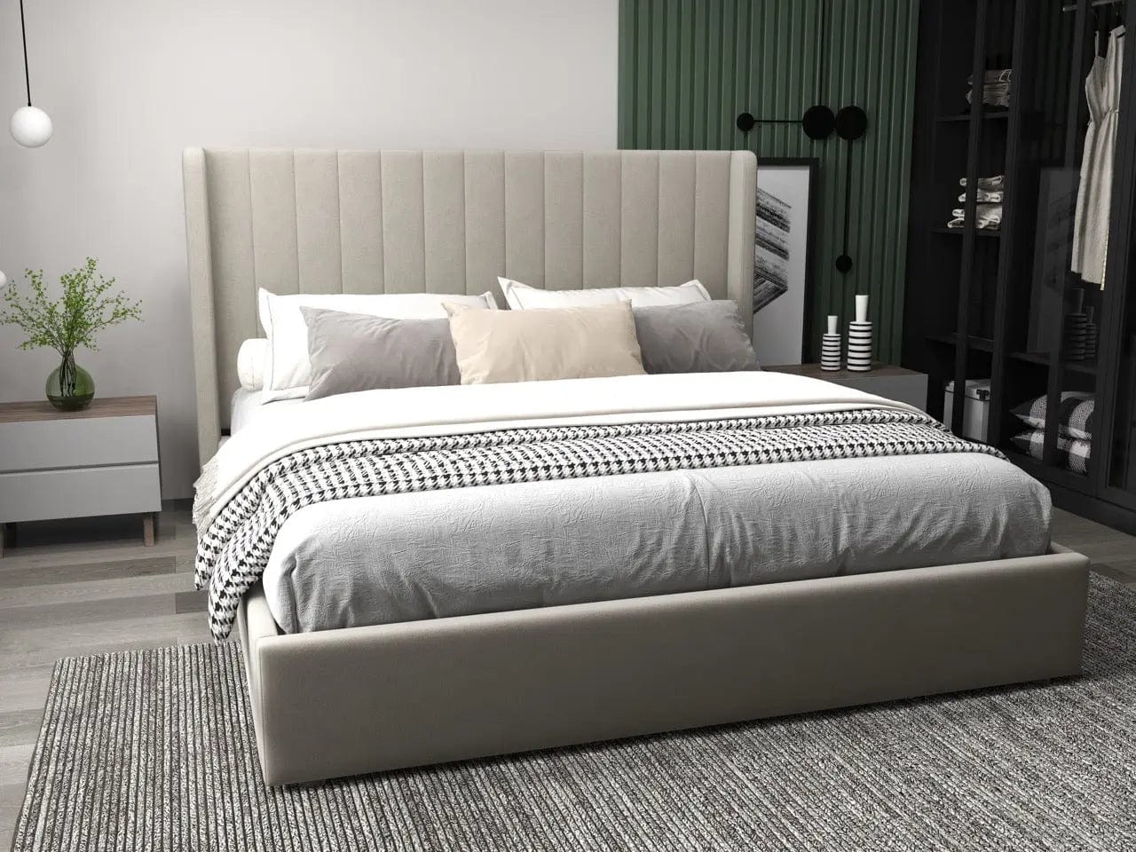Pat dormitor dumonde, tapitat bej, Oslo 140x200 cm, somiera rabatabila inclusa, spatiu depozitare