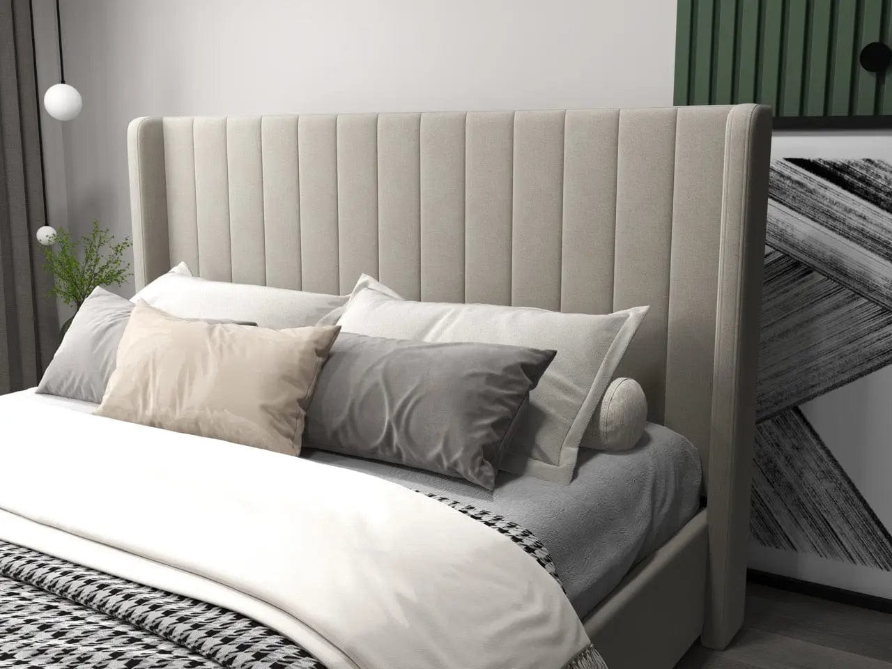 Pat dormitor dumonde, tapitat bej, Oslo 140x200 cm, somiera rabatabila inclusa, spatiu depozitare