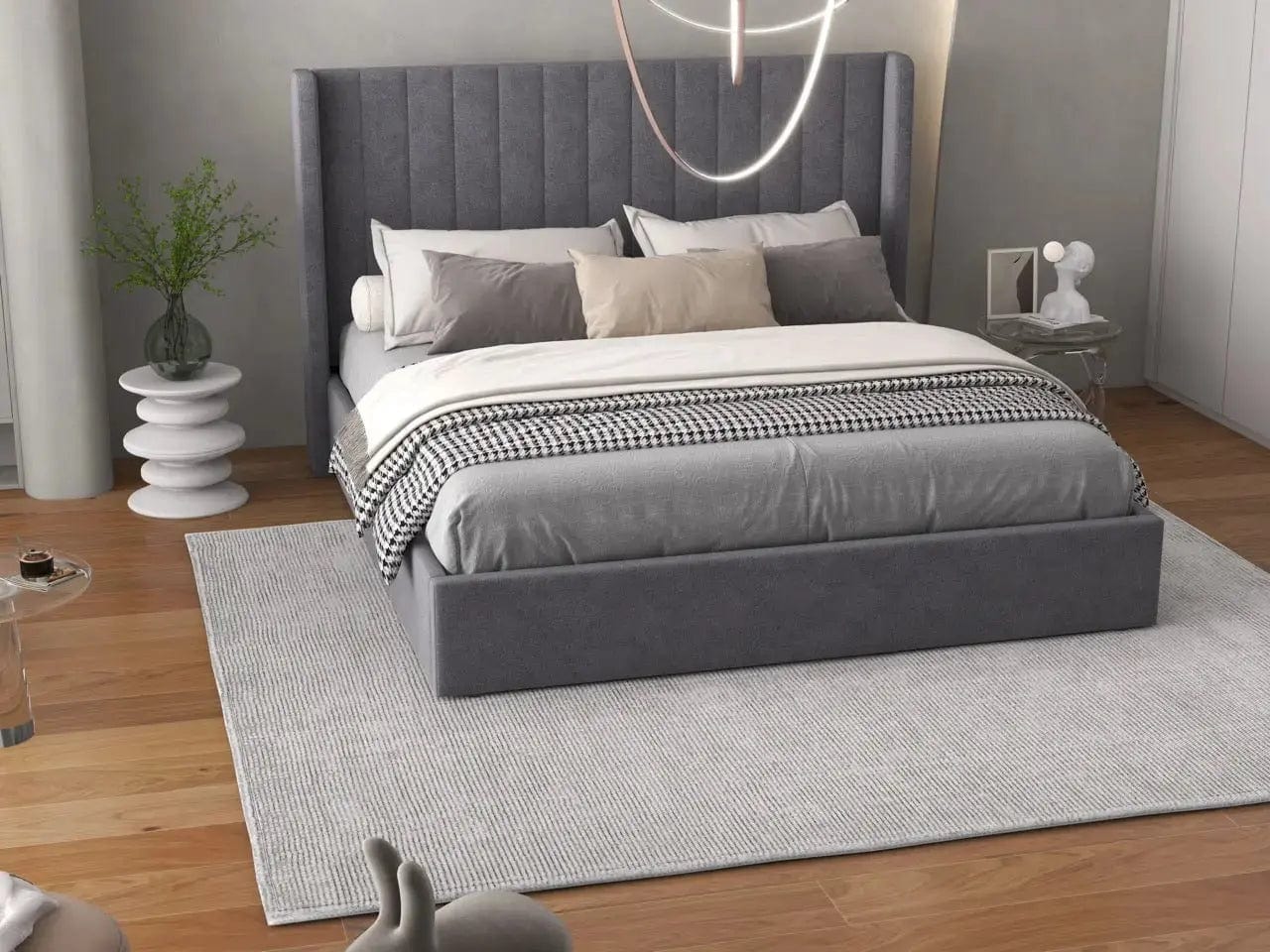 Pat dormitor dumonde, tapitat gri, Oslo 180x200 cm, somiera rabatabila inclusa, spatiu depozitare