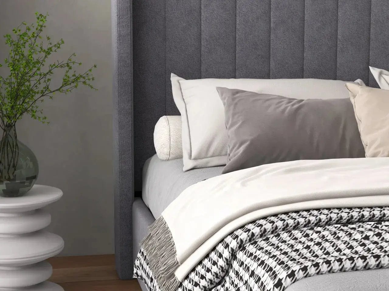 Pat dormitor dumonde, tapitat gri, Oslo 180x200 cm, somiera rabatabila inclusa, spatiu depozitare