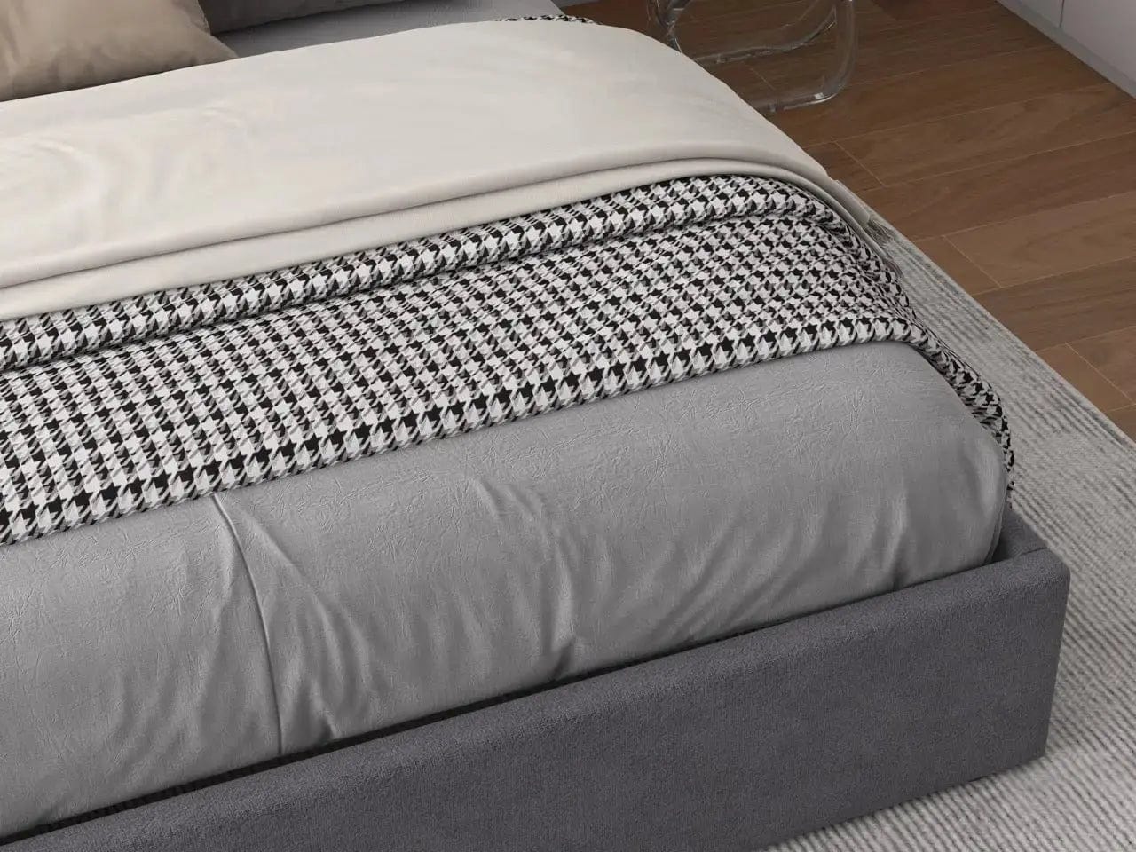 Pat dormitor dumonde, tapitat gri, Oslo 180x200 cm, somiera rabatabila inclusa, spatiu depozitare