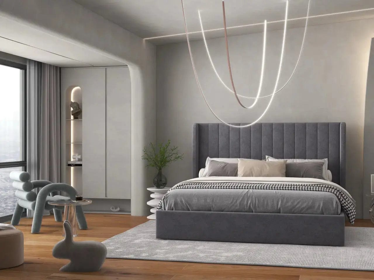 Pat dormitor dumonde, tapitat gri, Oslo 180x200 cm, somiera rabatabila inclusa, spatiu depozitare