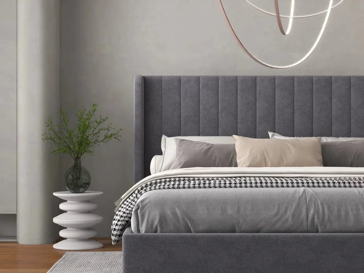 Pat dormitor dumonde, tapitat gri, Oslo 180x200 cm, somiera rabatabila inclusa, spatiu depozitare