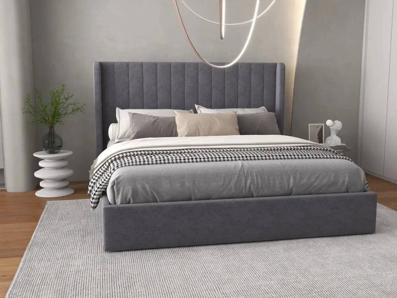 Pat dormitor dumonde, tapitat gri, Oslo 180x200 cm, somiera rabatabila inclusa, spatiu depozitare