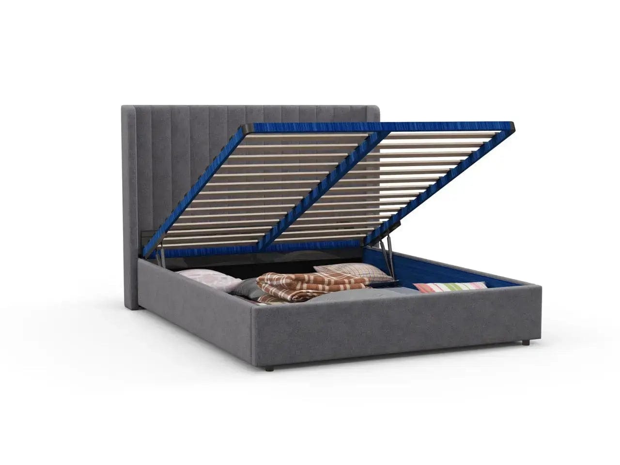 Pat dormitor dumonde, tapitat gri, Oslo 180x200 cm, somiera rabatabila inclusa, spatiu depozitare