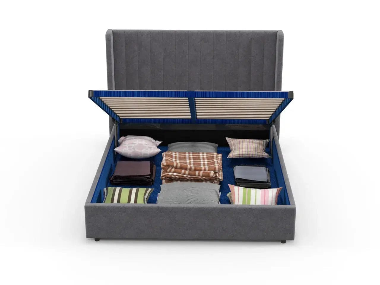 Pat dormitor dumonde, tapitat gri, Oslo 180x200 cm, somiera rabatabila inclusa, spatiu depozitare