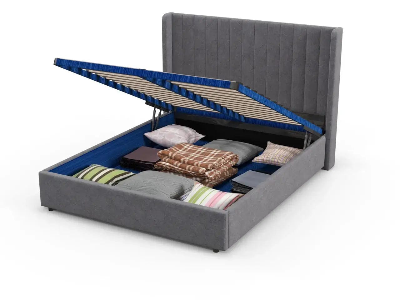 Pat dormitor dumonde, tapitat gri, Oslo 180x200 cm, somiera rabatabila inclusa, spatiu depozitare