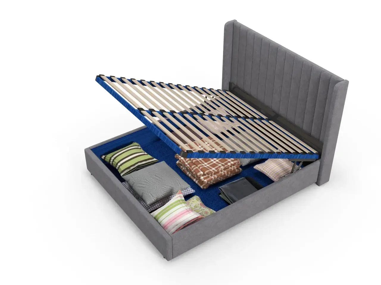 Pat dormitor dumonde, tapitat gri, Oslo 180x200 cm, somiera rabatabila inclusa, spatiu depozitare