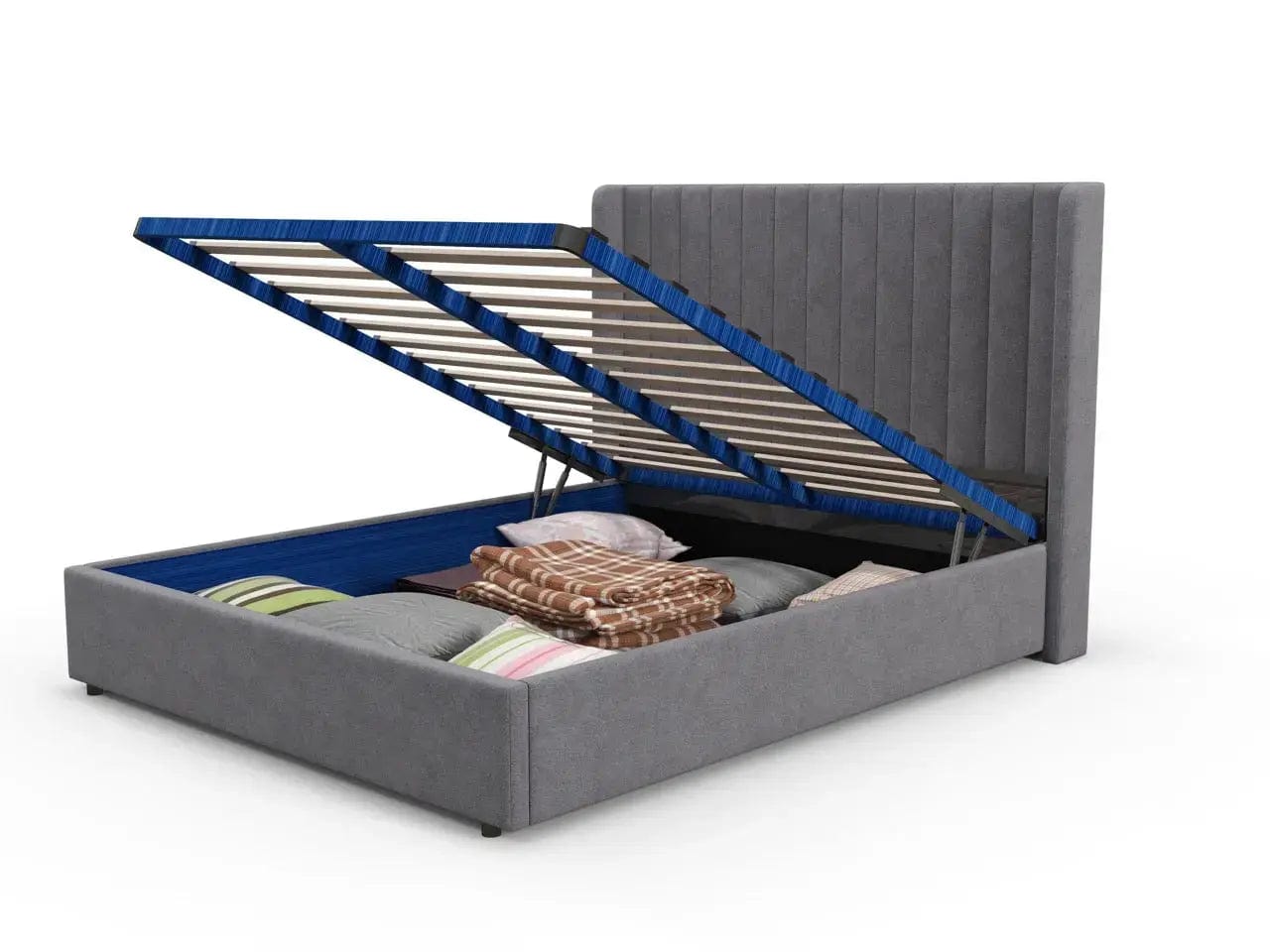 Pat dormitor dumonde, tapitat gri, Oslo 180x200 cm, somiera rabatabila inclusa, spatiu depozitare