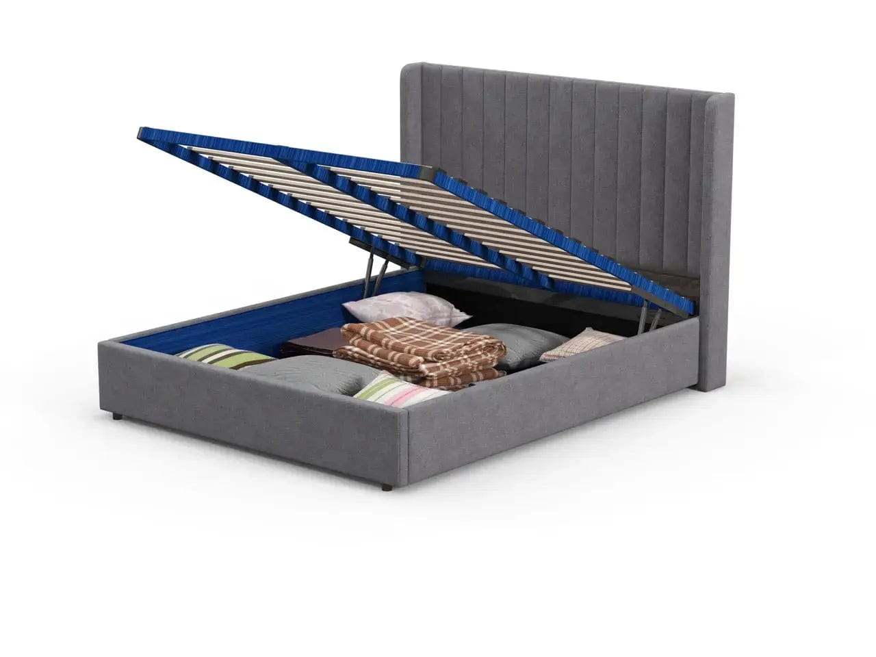 Pat dormitor dumonde, tapitat gri, Oslo 180x200 cm, somiera rabatabila inclusa, spatiu depozitare