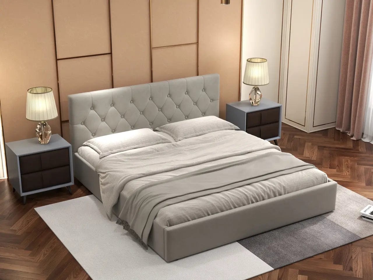 Pat dormitor dumonde, tapitat gri, Rio 160x200 cm, somiera rabatabila inclusa, spatiu depozitare