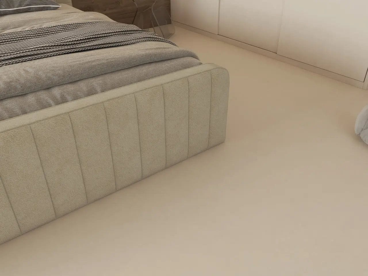 Pat dormitor dumonde, tapitat bej, Loft 160x200 cm, somiera rabatabila inclusa, spatiu depozitare