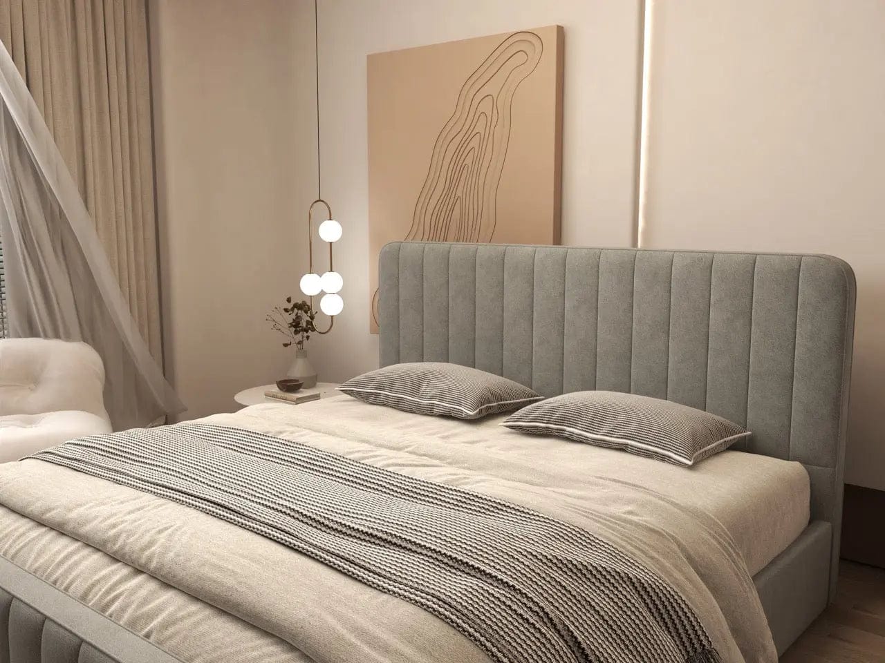 Pat dormitor dumonde, tapitat gri, Loft 160x200 cm, somiera rabatabila inclusa, spatiu depozitare