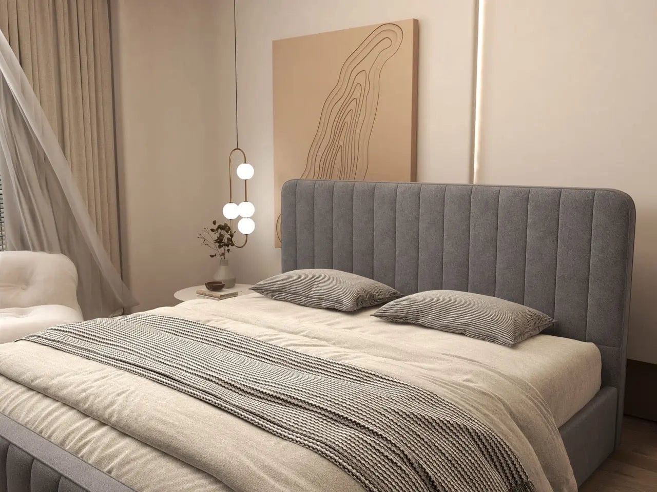 Pat dormitor dumonde, tapitat gri, Loft 180x200 cm, somiera rabatabila inclusa, spatiu depozitare