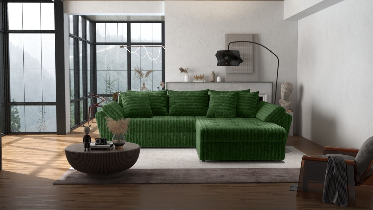 Colțar extensibil dumonde cu ladă de depozitare si sezut confortabil din spuma HR, Loana Verde Ambience II 270x185 cm