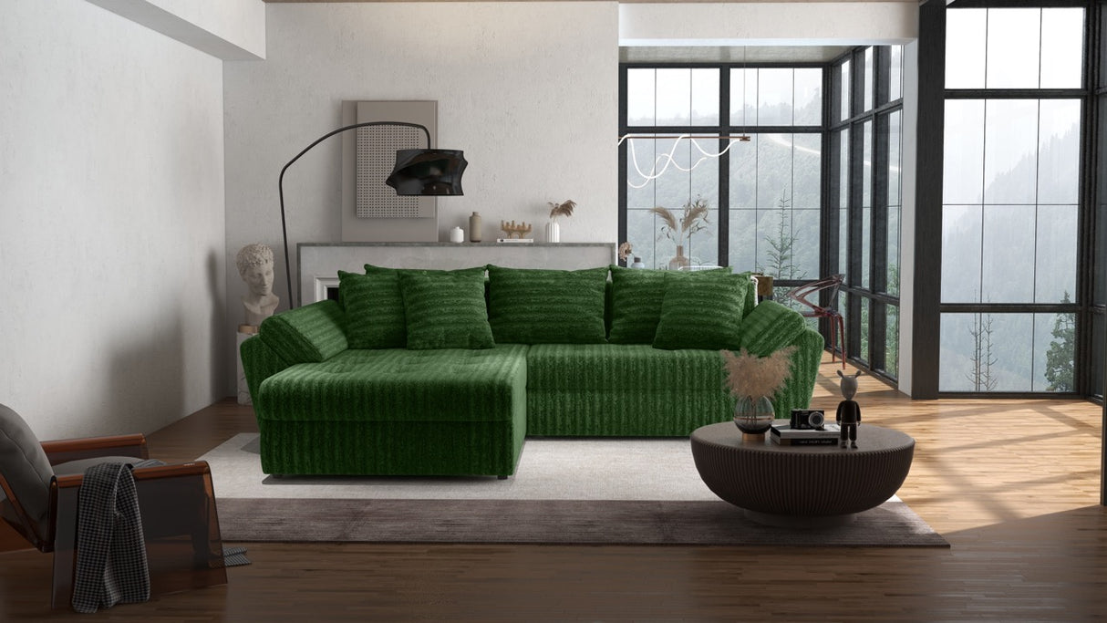 Colțar extensibil dumonde cu ladă de depozitare si sezut confortabil din spuma HR, Loana Verde Ambience 270x185 cm