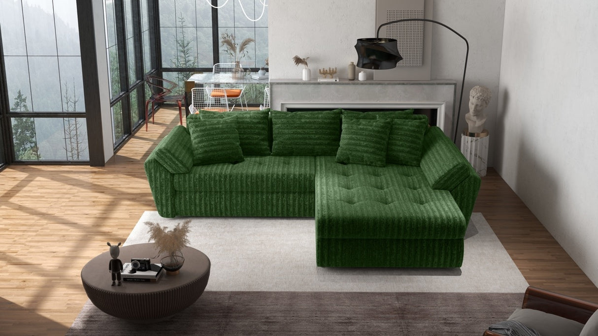 Colțar extensibil dumonde cu ladă de depozitare si sezut confortabil din spuma HR, Loana Verde Ambience II 270x185 cm