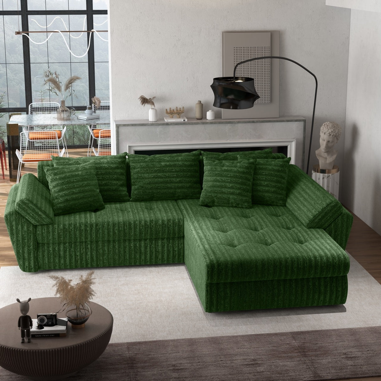 Colțar extensibil dumonde cu ladă de depozitare si sezut confortabil din spuma HR, Loana Verde Ambience II 270x185 cm