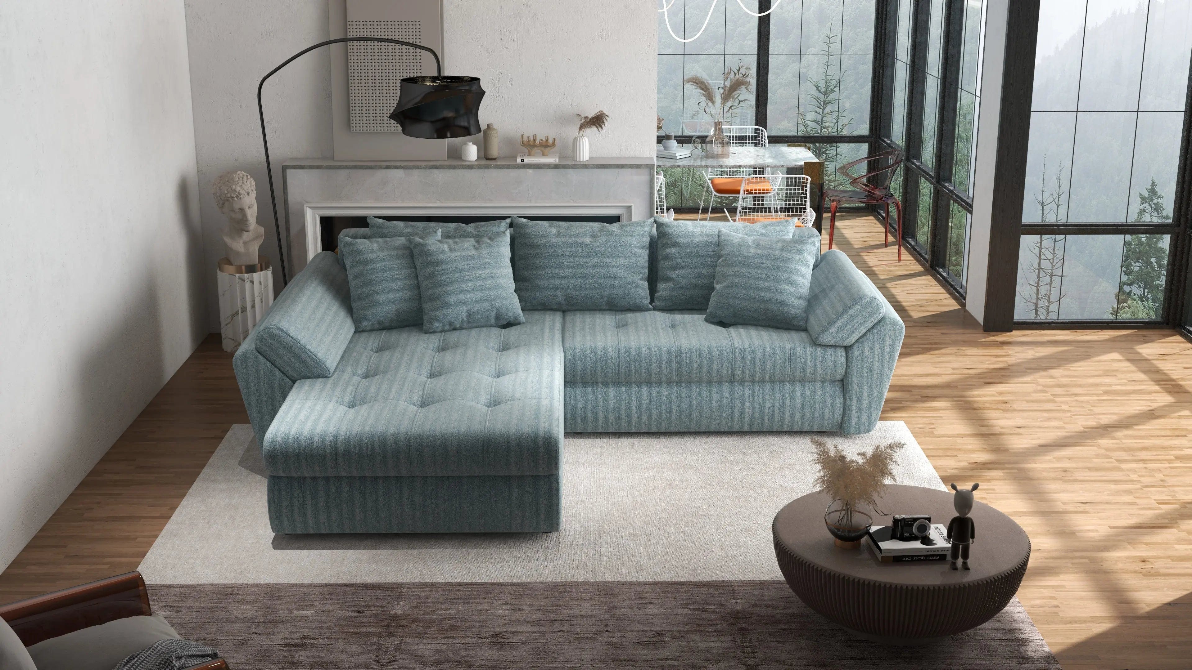 Colțar extensibil dumonde cu ladă de depozitare si sezut confortabil din spuma high-density, Loana Ambience Mint 270x185 cm