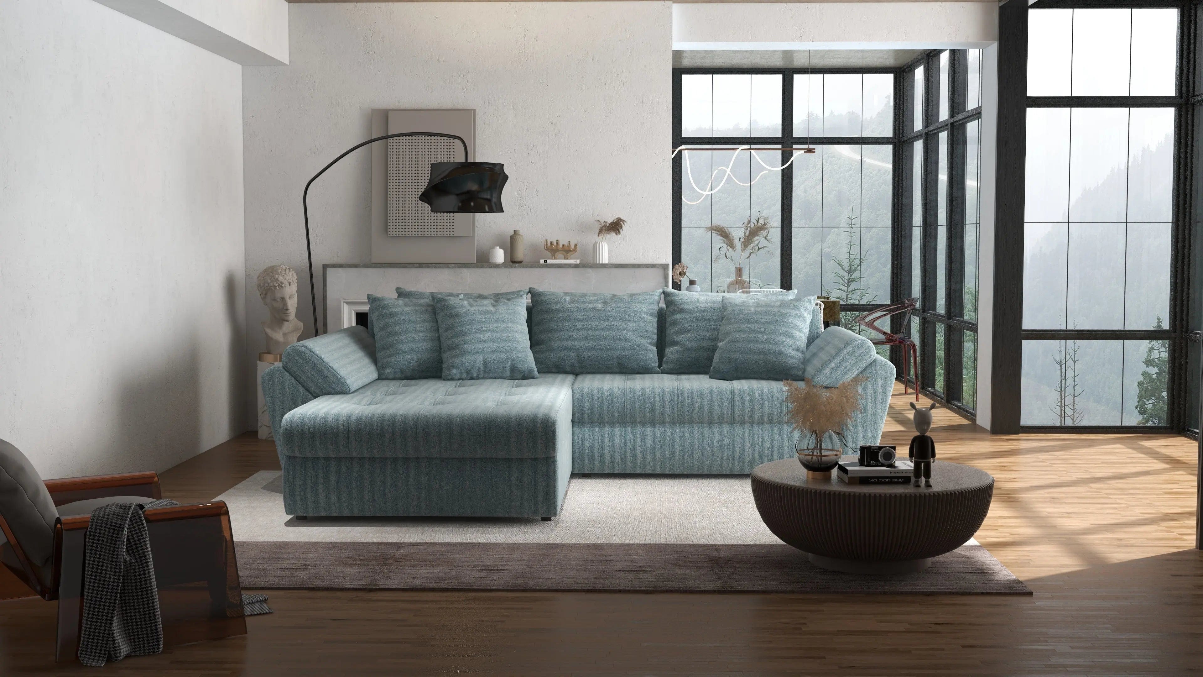 Colțar extensibil dumonde cu ladă de depozitare si sezut confortabil din spuma high-density, Loana Ambience Mint 270x185 cm