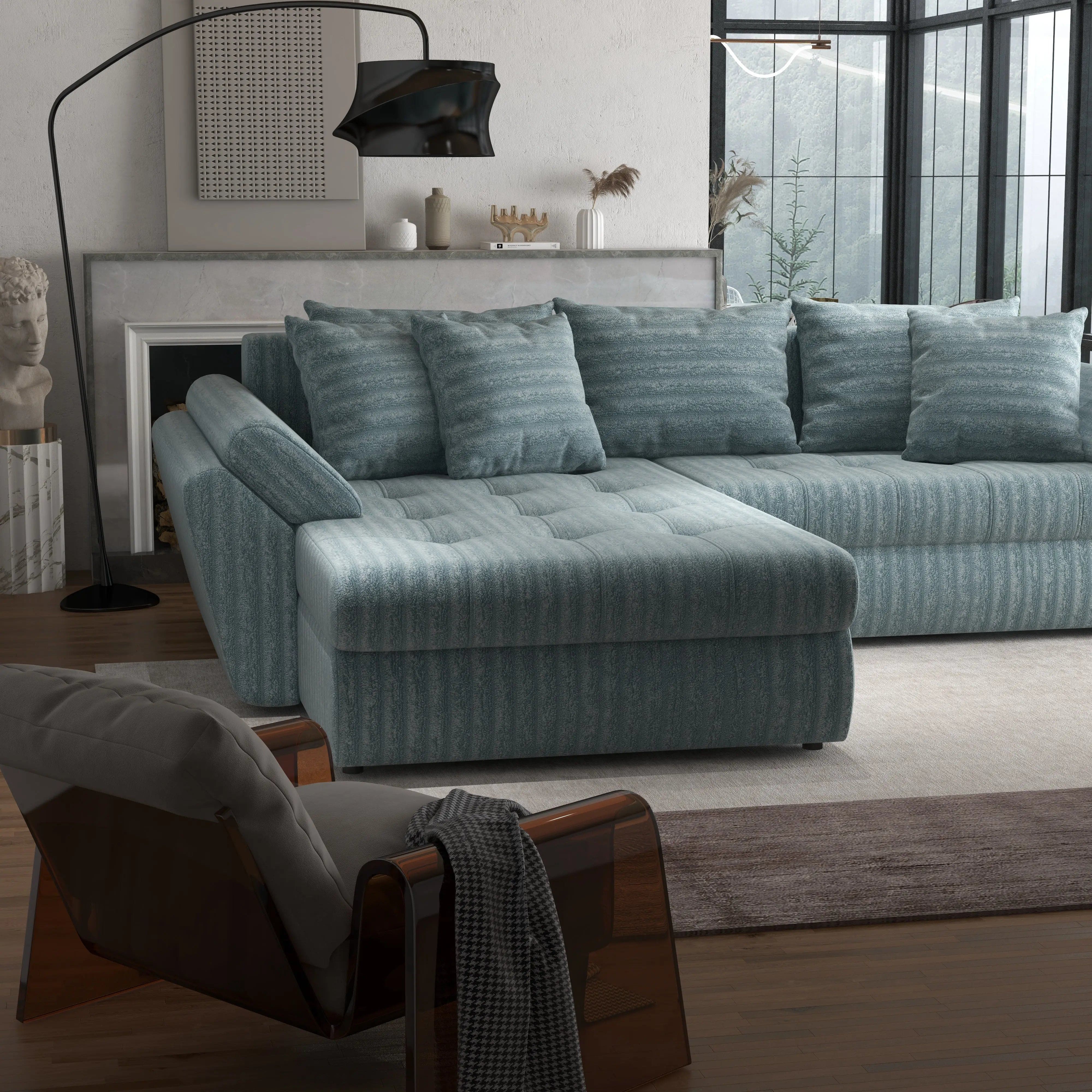 Colțar extensibil dumonde cu ladă de depozitare si sezut confortabil din spuma high-density, Loana Ambience Mint 270x185 cm