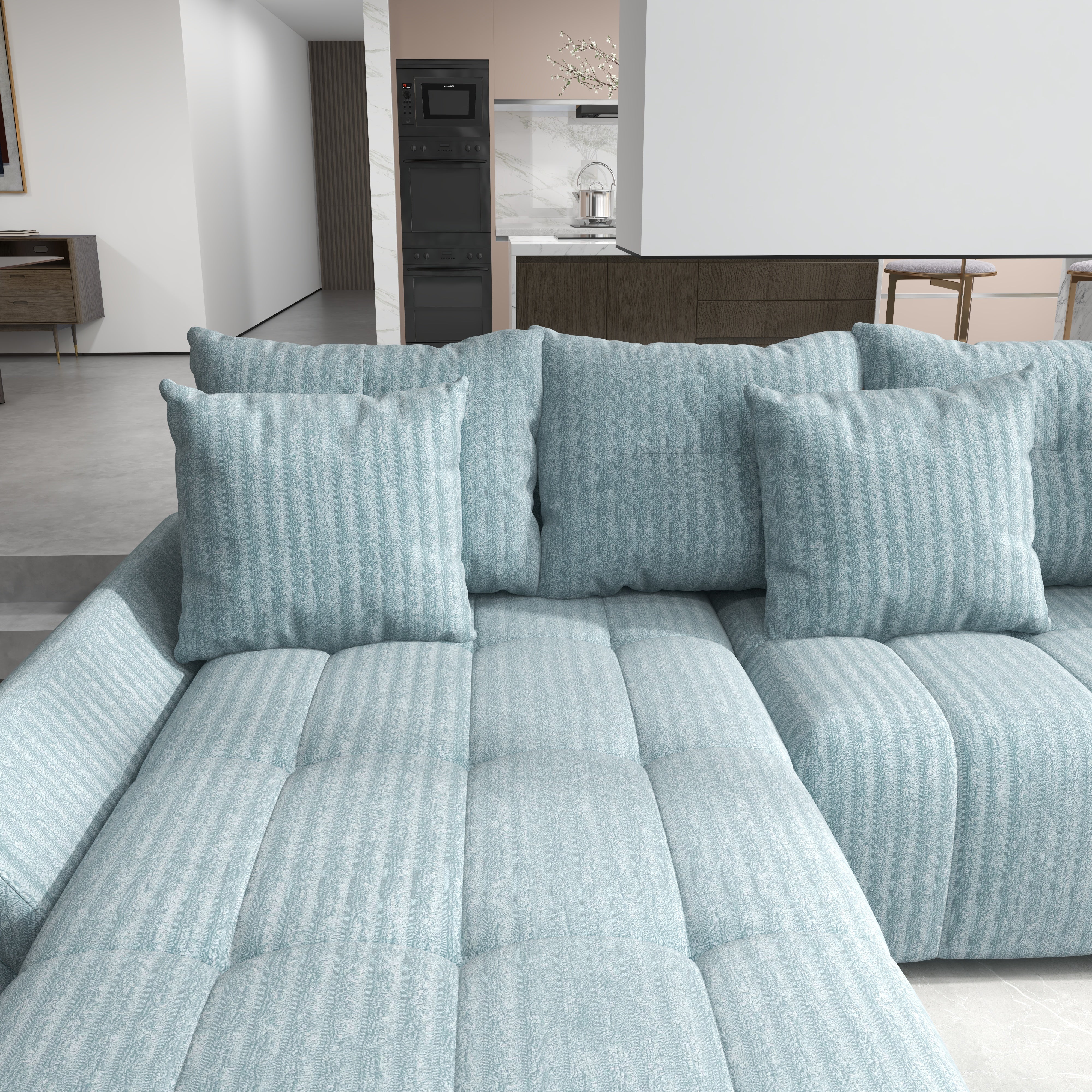 Colțar extensibil dumonde cu ladă de depozitare si sezut confortabil din spuma HR, Berlin U Mint 380x180 cm Fabrica