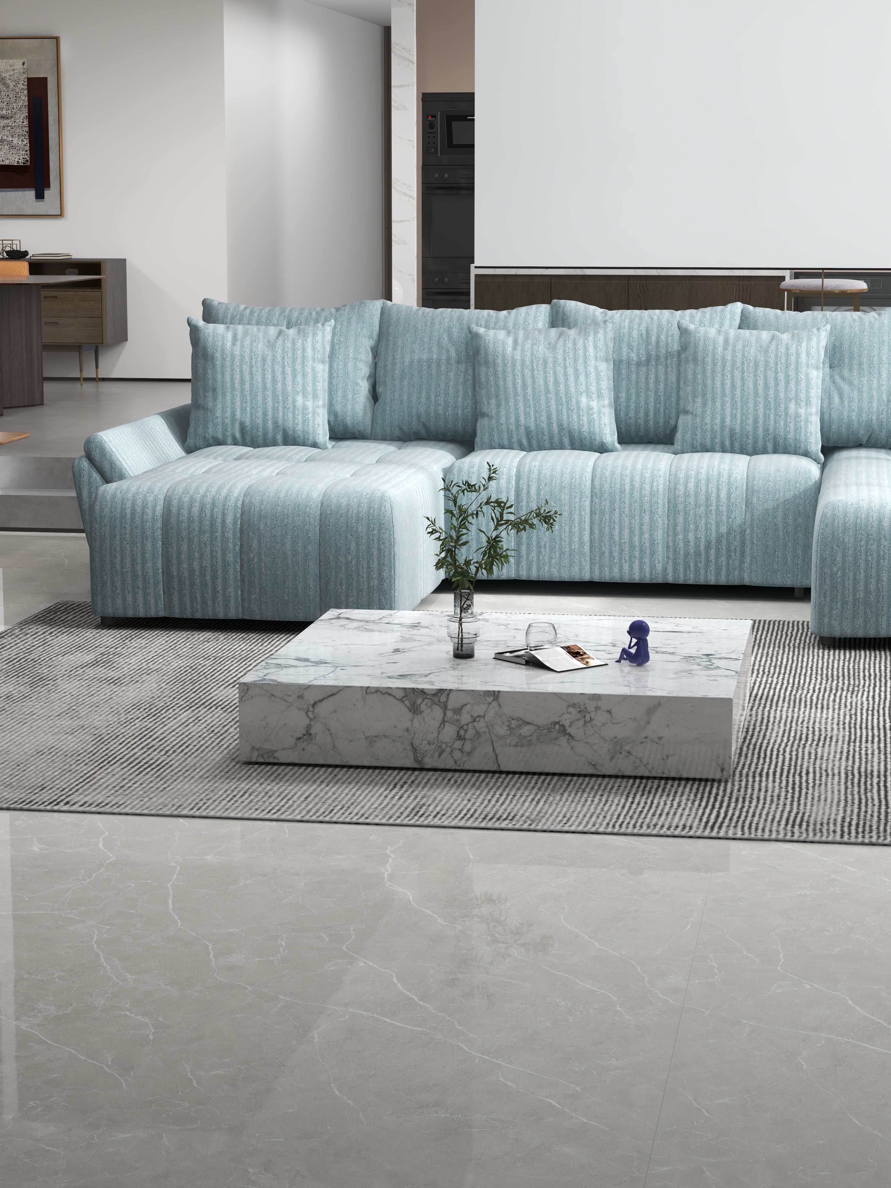 Colțar extensibil dumonde cu ladă de depozitare si sezut confortabil din spuma HR, Berlin U Mint 380x180 cm Fabrica