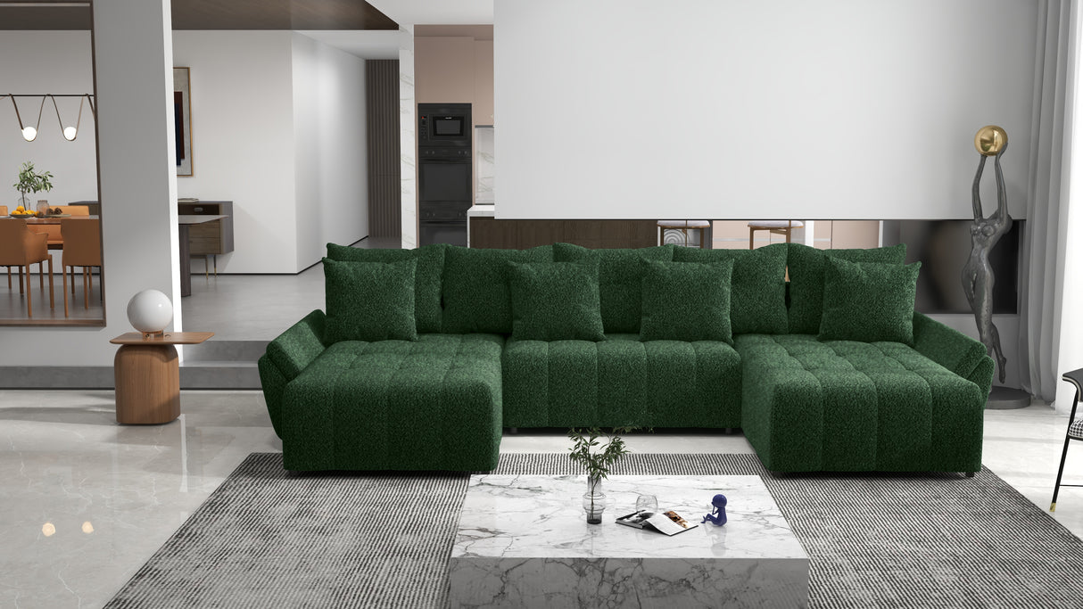 Colțar extensibil dumonde cu ladă de depozitare si sezut confortabil din spuma HR, Berlin U Verde Euphoria 380x180 cm