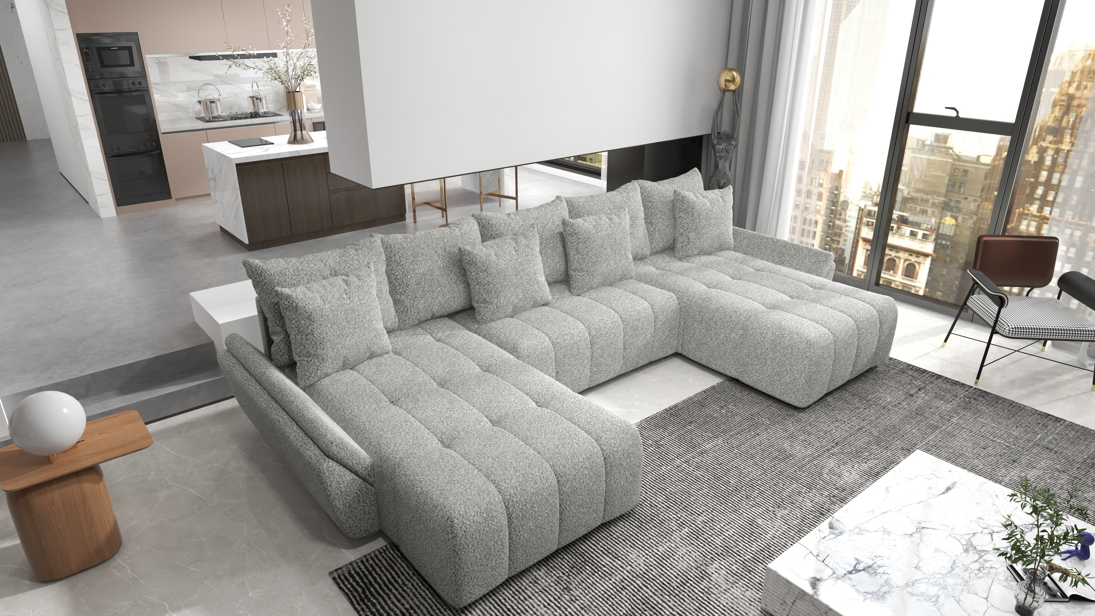 Colțar extensibil dumonde cu ladă de depozitare si sezut confortabil din spuma HR, Berlin U Euphoria Gri Euphoria 380x180 cm Fabrica