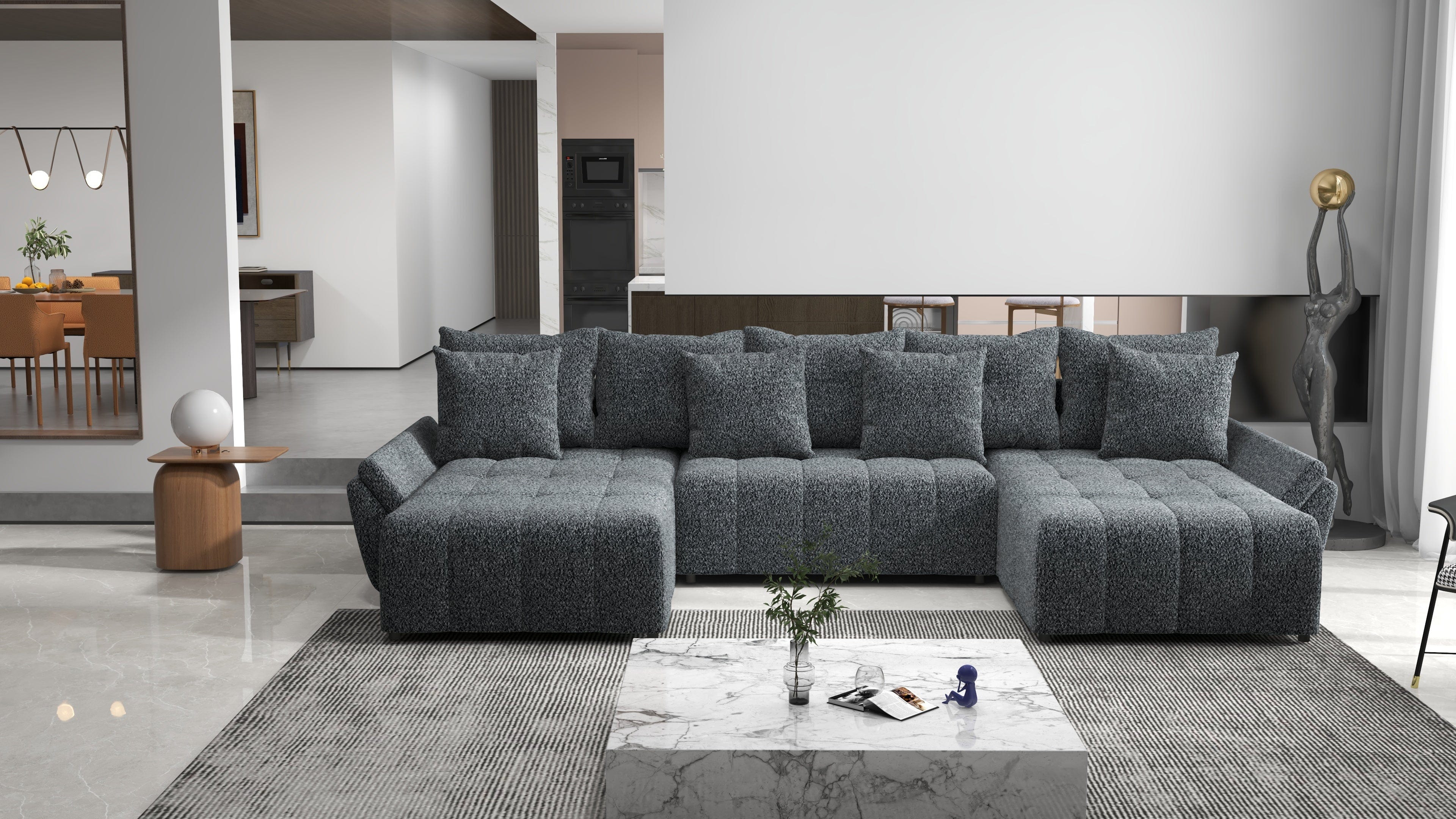 Colțar extensibil dumonde cu ladă de depozitare si sezut confortabil din spuma HR, Berlin U Euphoria Dark Grey 380x180 cm Fabrica