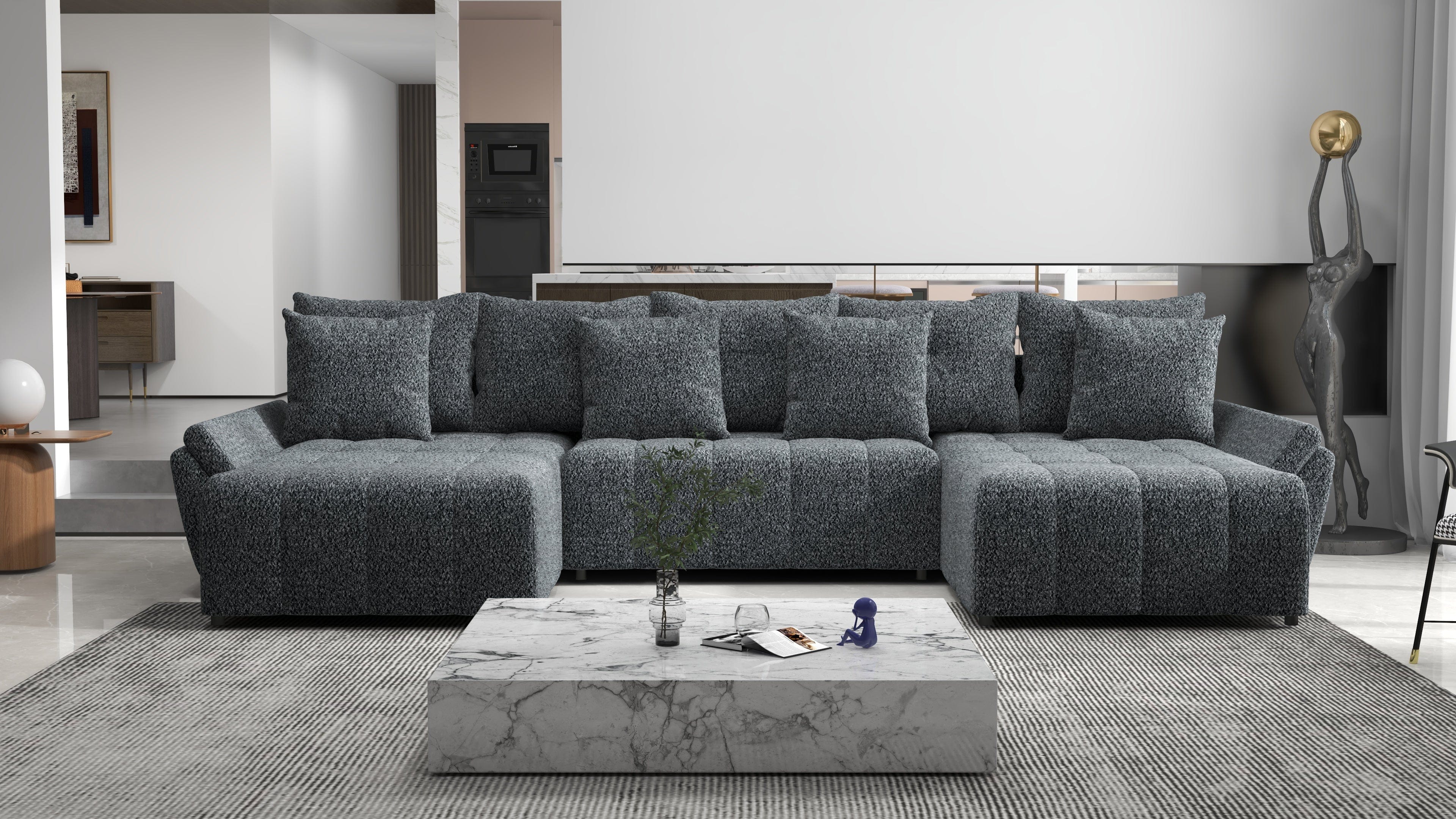 Colțar extensibil dumonde cu ladă de depozitare si sezut confortabil din spuma HR, Berlin U Euphoria Dark Grey 380x180 cm Fabrica