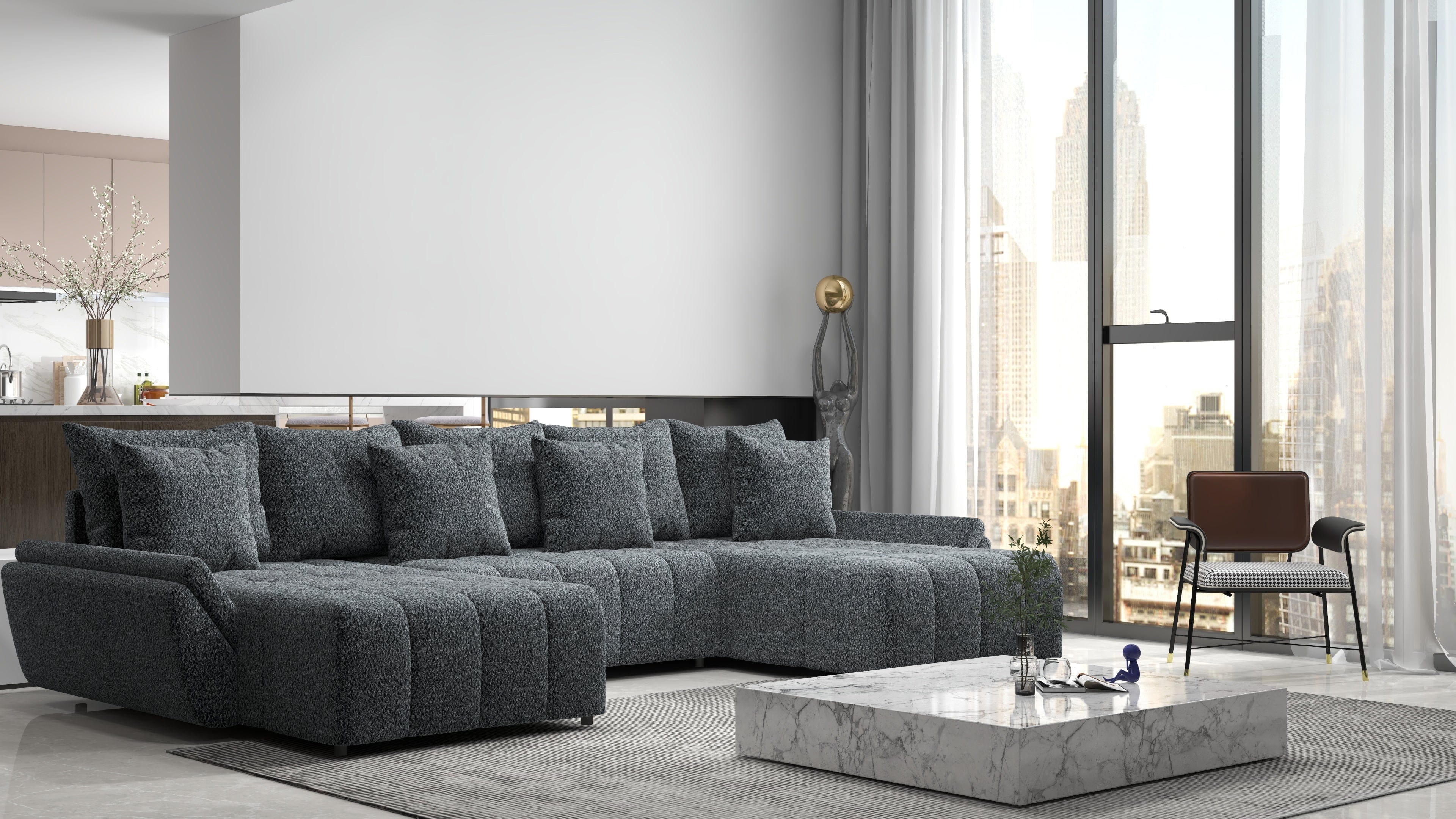 Colțar extensibil dumonde cu ladă de depozitare si sezut confortabil din spuma HR, Berlin U Euphoria Dark Grey 380x180 cm Fabrica