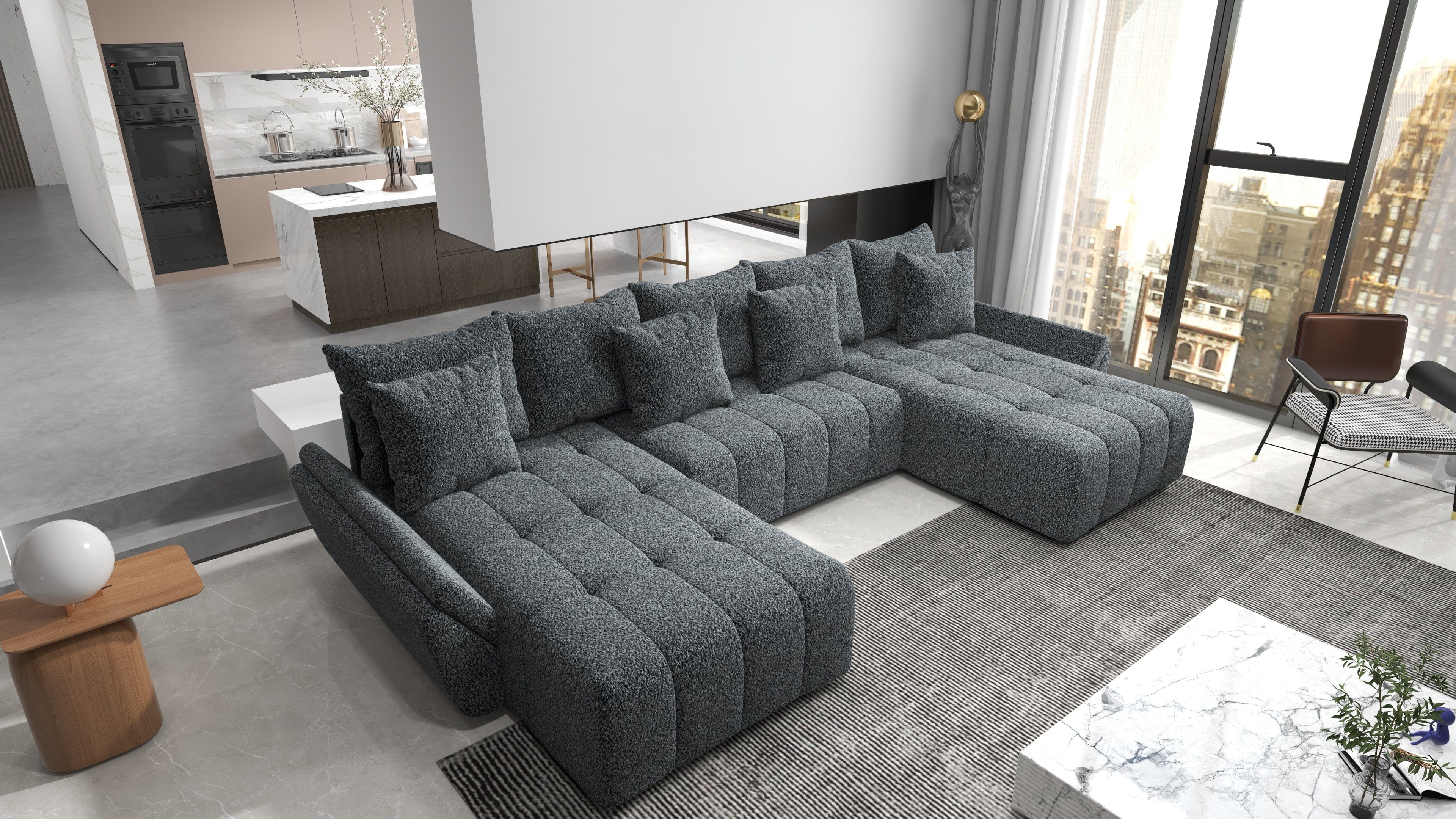 Colțar extensibil dumonde cu ladă de depozitare si sezut confortabil din spuma HR, Berlin U Euphoria Dark Grey 380x180 cm Fabrica