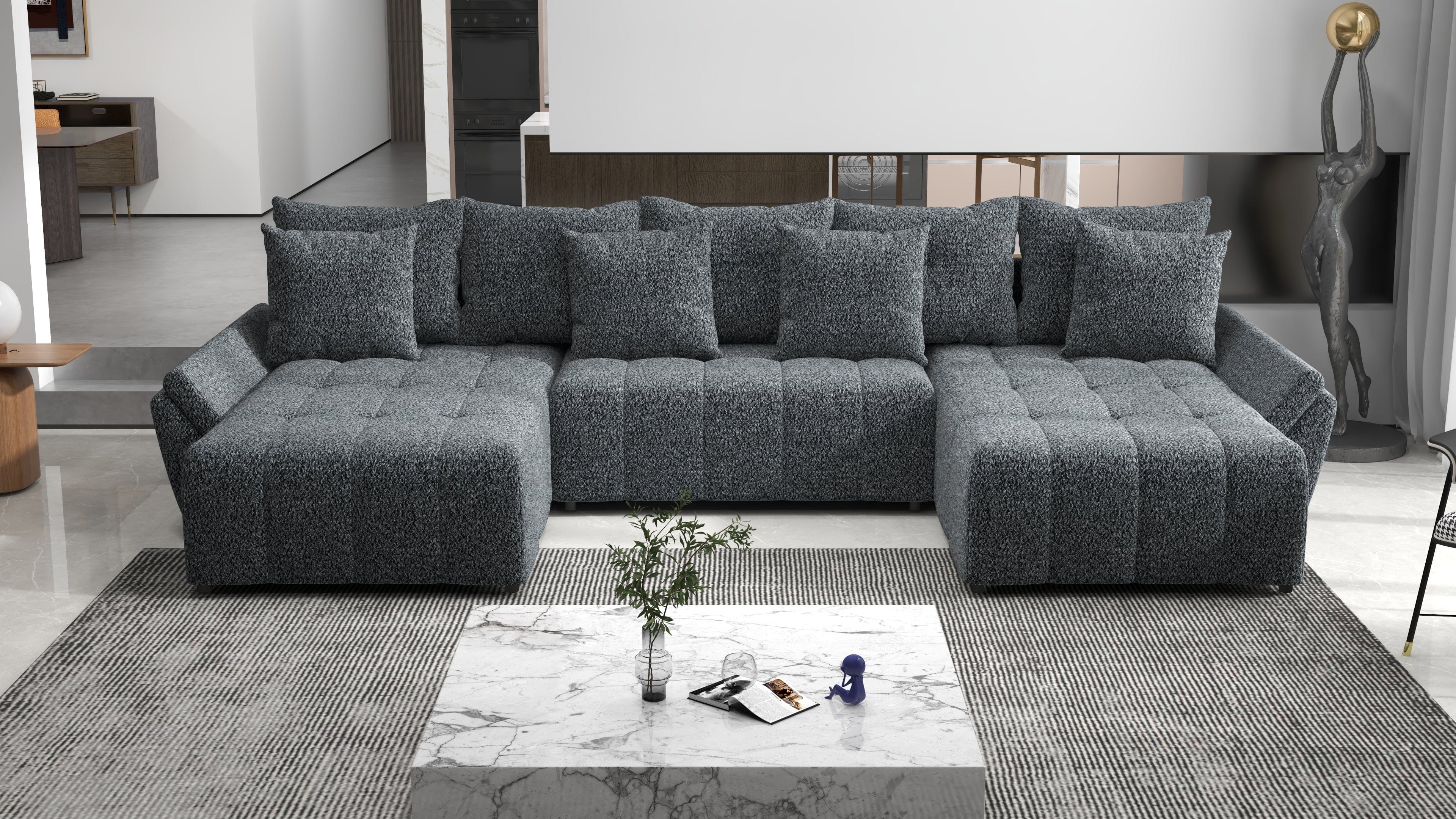 Colțar extensibil dumonde cu ladă de depozitare si sezut confortabil din spuma HR, Berlin U Euphoria Dark Grey 380x180 cm Fabrica
