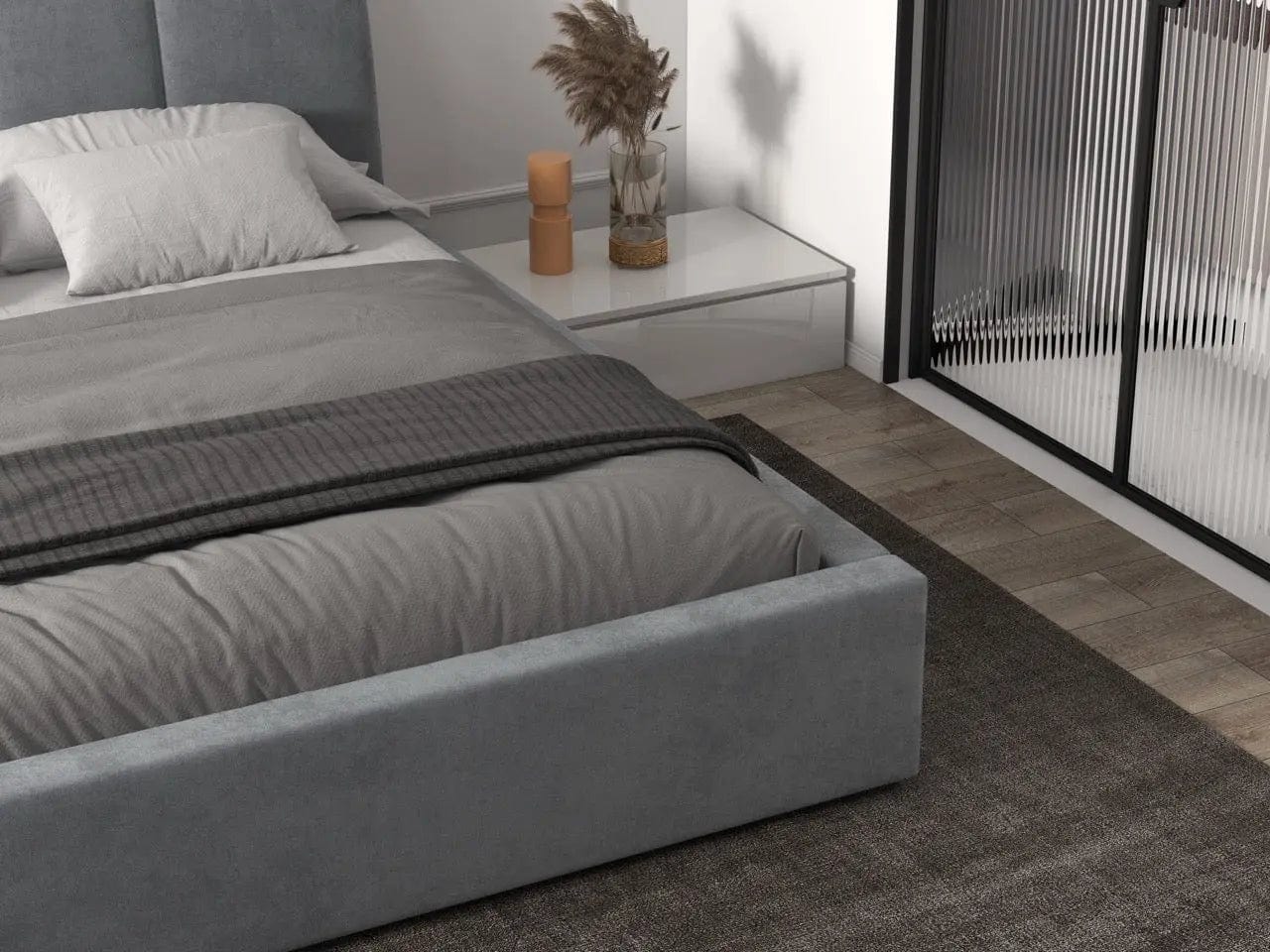 Pat dormitor tapitat gri, Albani 160x200 cm, somiera rabatabila inclusa, spatiu depozitare
