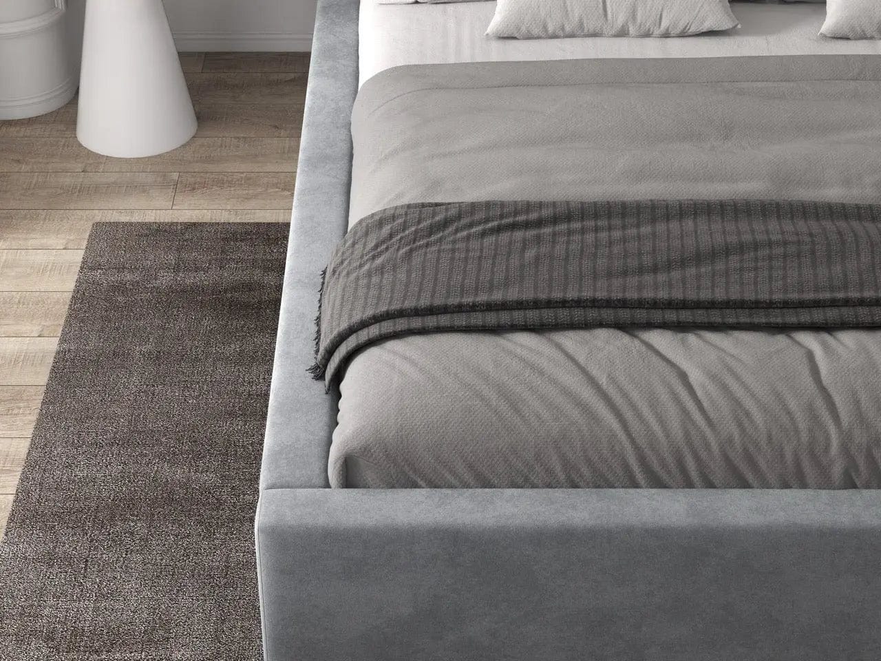 Pat dormitor tapitat gri, Albani 160x200 cm, somiera rabatabila inclusa, spatiu depozitare