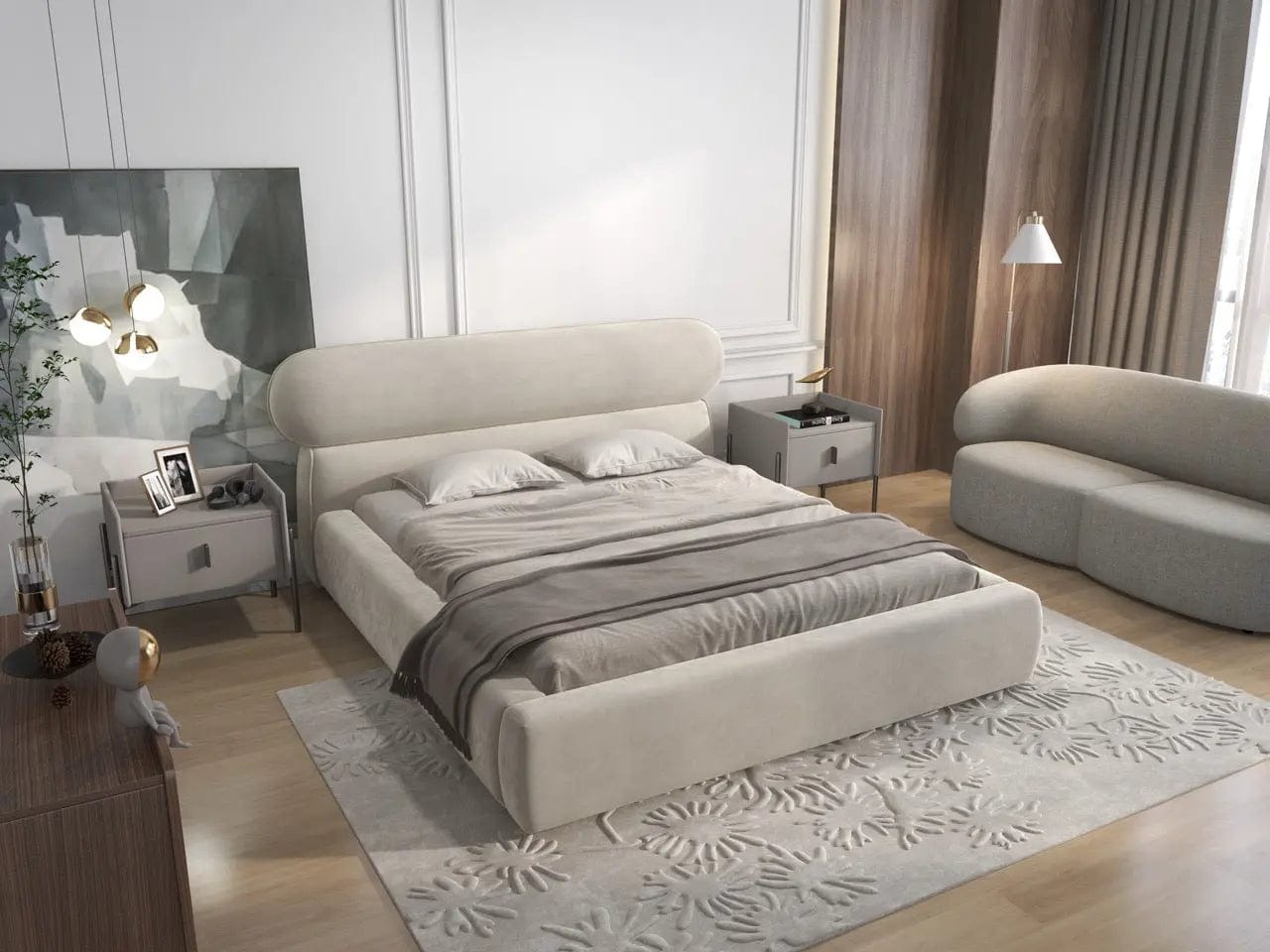 Pat dormitor tapitat bej, Amos 160x200 cm, somiera rabatabila inclusa, spatiu depozitare